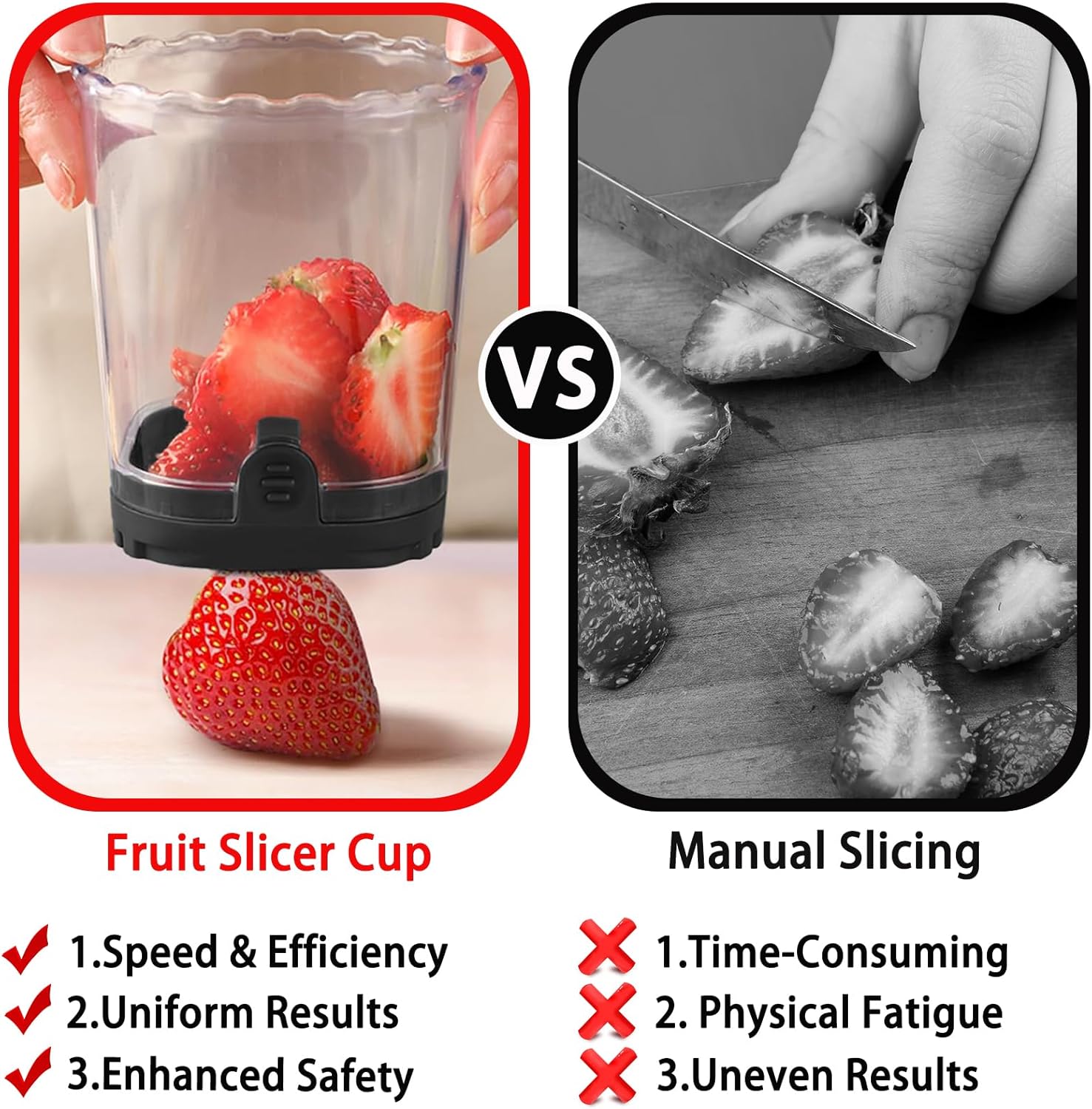  Strawberry Slicer with Stainless Steel Blades, Egg and Fruit Cutter Cup for Banana, Cucumber, Mushroom, Durable ABS Detachable Kitchen Gadget (Black, 1-Pack)