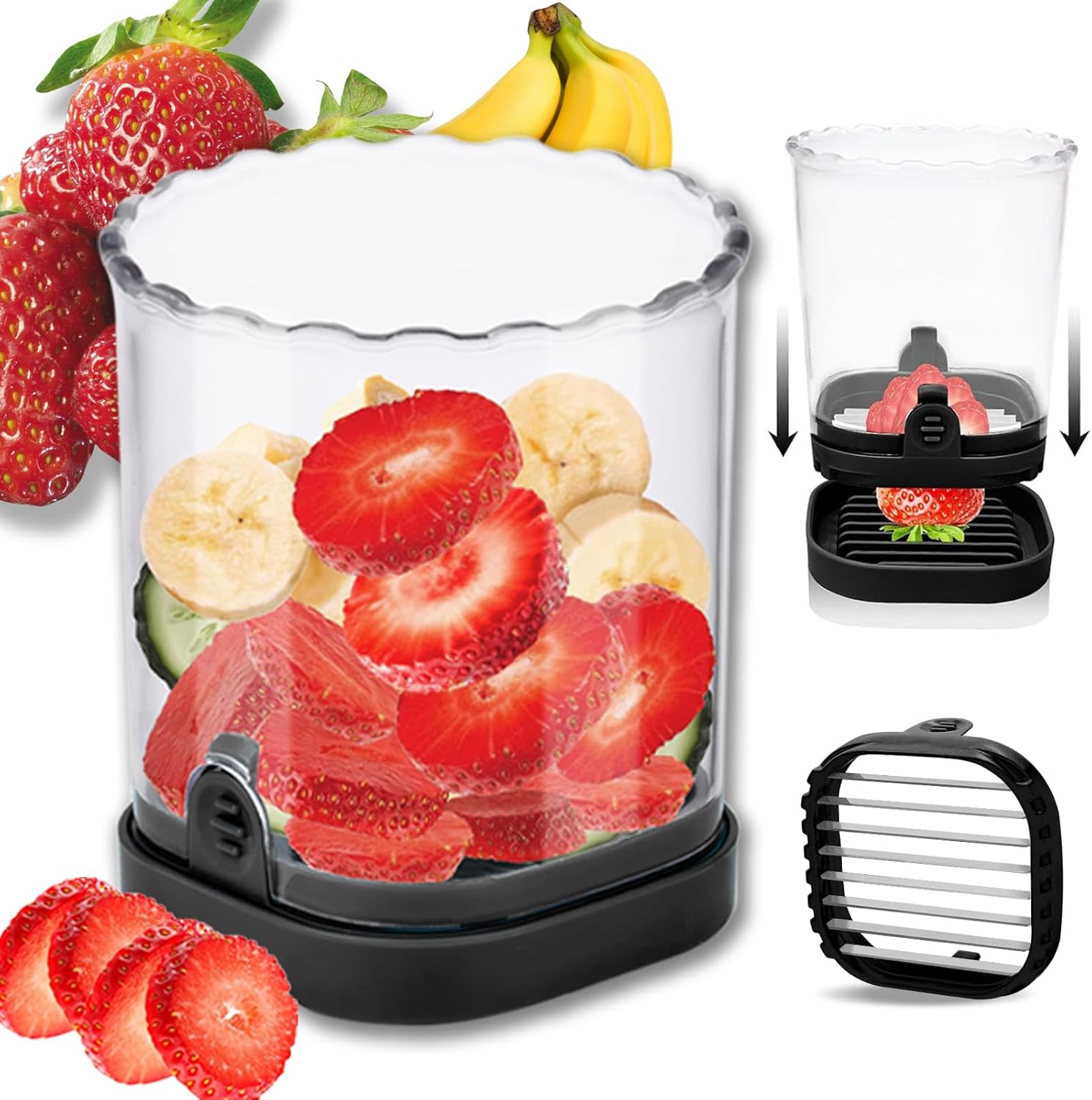 Strawberry Slicer with Stainless Steel Blades, Egg and Fruit Cutter Cup for Banana, Cucumber, Mushroom, Durable ABS Detachable Kitchen Gadget (Black, 1-Pack)
