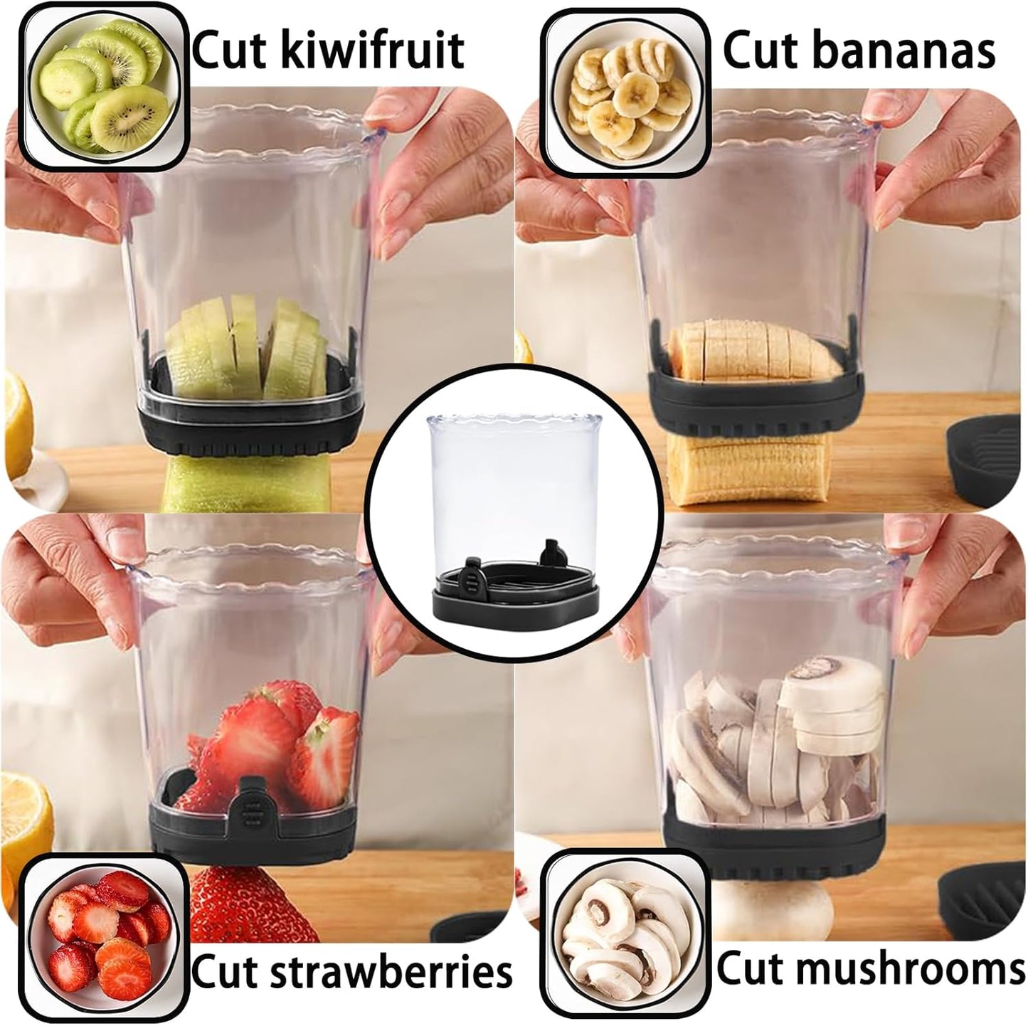  Strawberry Slicer with Stainless Steel Blades, Egg and Fruit Cutter Cup for Banana, Cucumber, Mushroom, Durable ABS Detachable Kitchen Gadget (Black, 1-Pack)