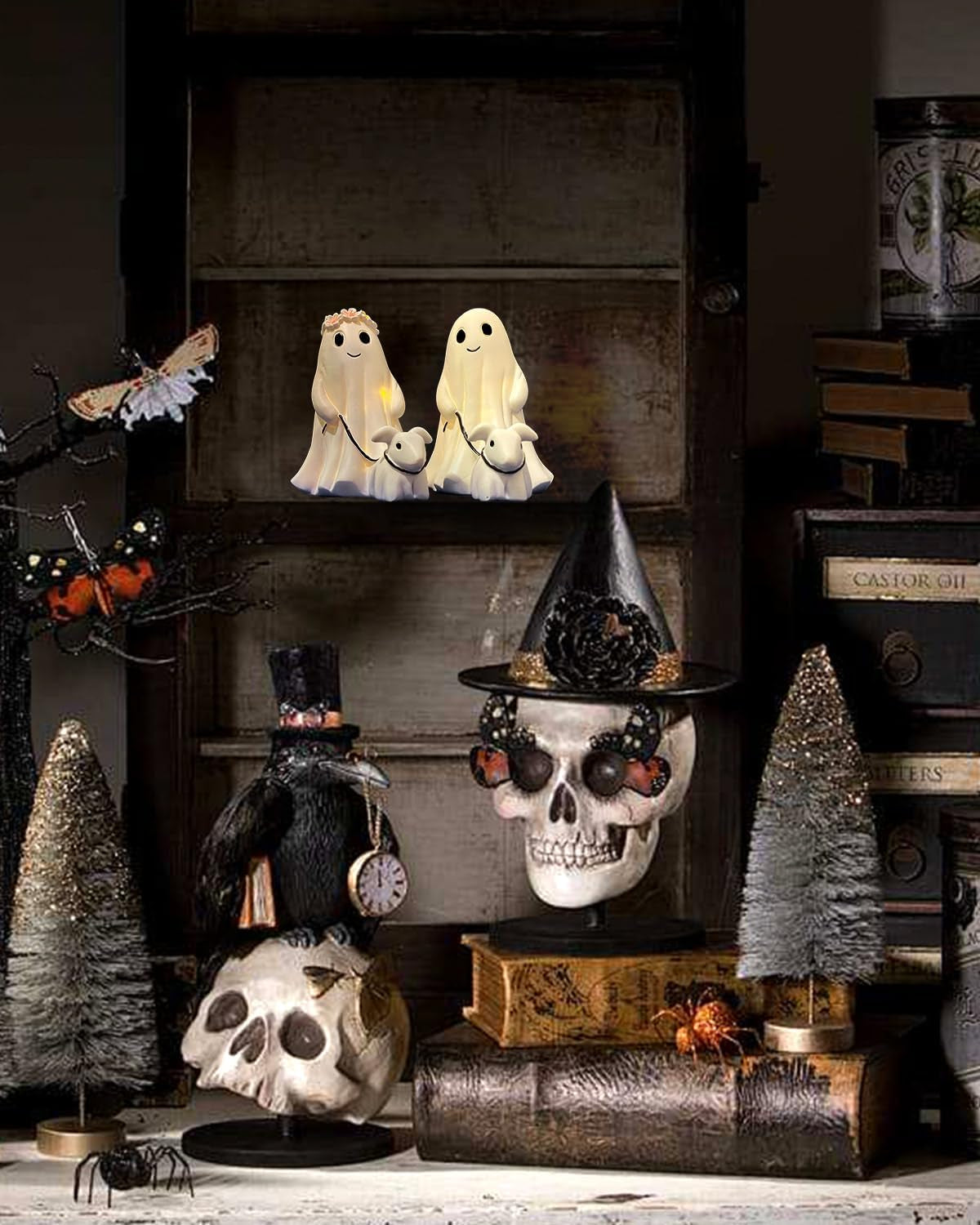 Ghost Walking Dog Display Statue Nightlight, Warm Lighted Indoor Figurine Lamps, Halloween Decors Spooky Dog Light, Cute Decorations for Party, Home, Bedroom, Shelf, Table Centerpiece (Boy)