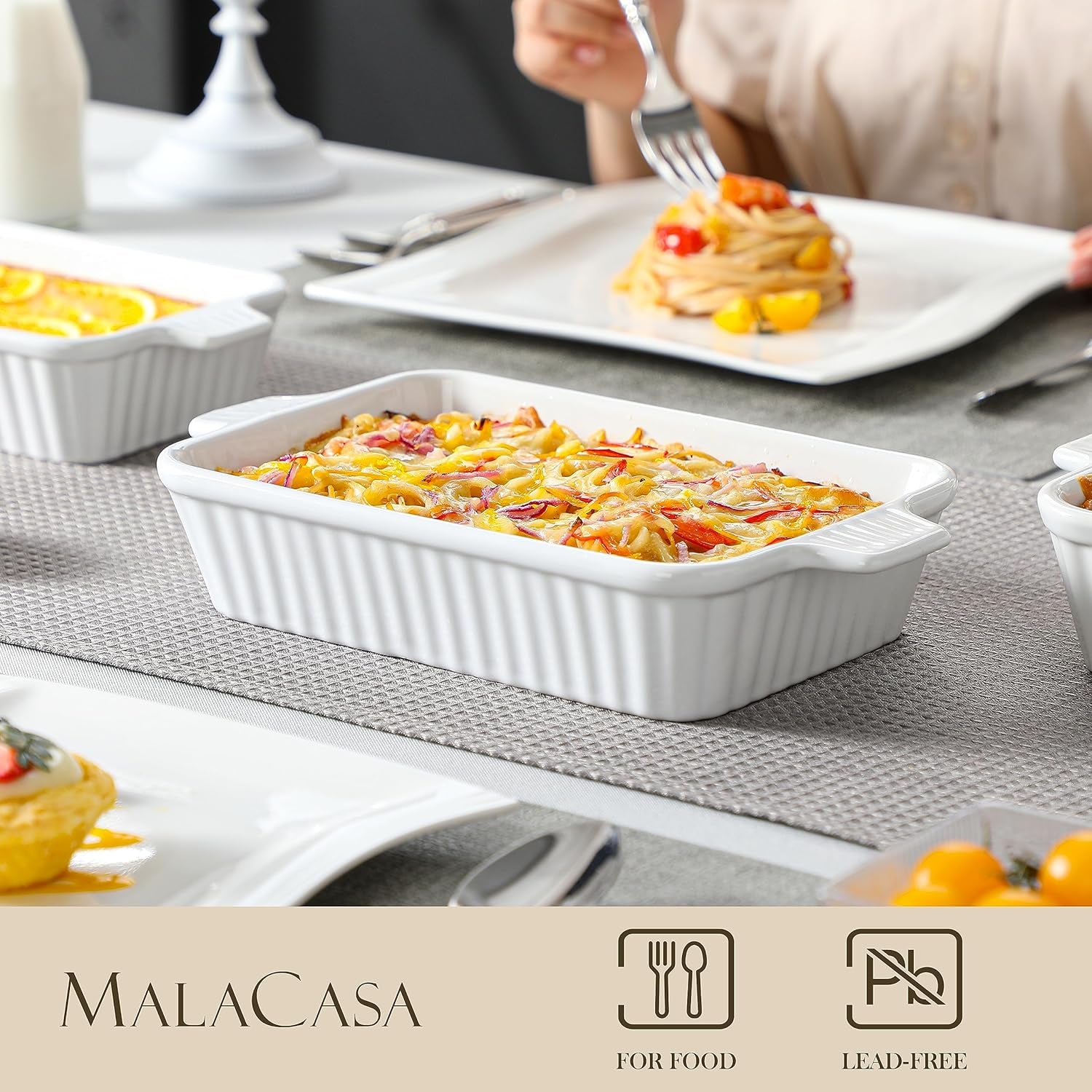Casserole Dishes for Oven, Porcelain Baking Dishes, Ceramic Bakeware Sets of 4, Rectangular Lasagna Pans Deep with Handles for Baking Cake Kitchen, White (9.4"/11.1"/12.2"/14.7"), Series
