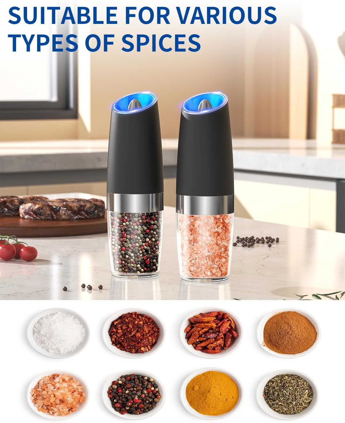 Gravity Electric Salt and Pepper Grinder Set Automatic Salt and Pepper Grinder Set with LED Light, Battery Operated, Adjustable Coarseness, Large Capacity, for Home Kitchen BBQ