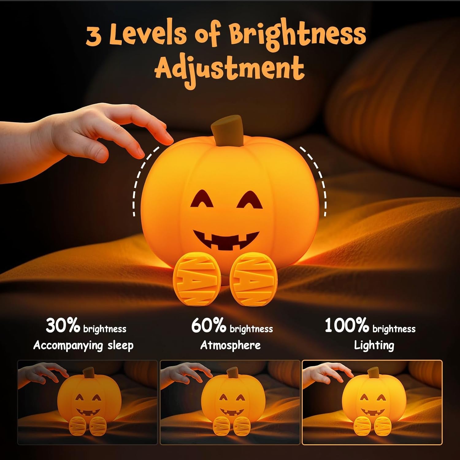 Cute Pumpkin Night Light Rechargeable Halloween Decor Pumpkin Lamp, Squishy Silicone 3-Level Dimmable Brightness Touch Control 30-Minute Timer, for Kids Family Bedroom Fall Decorations