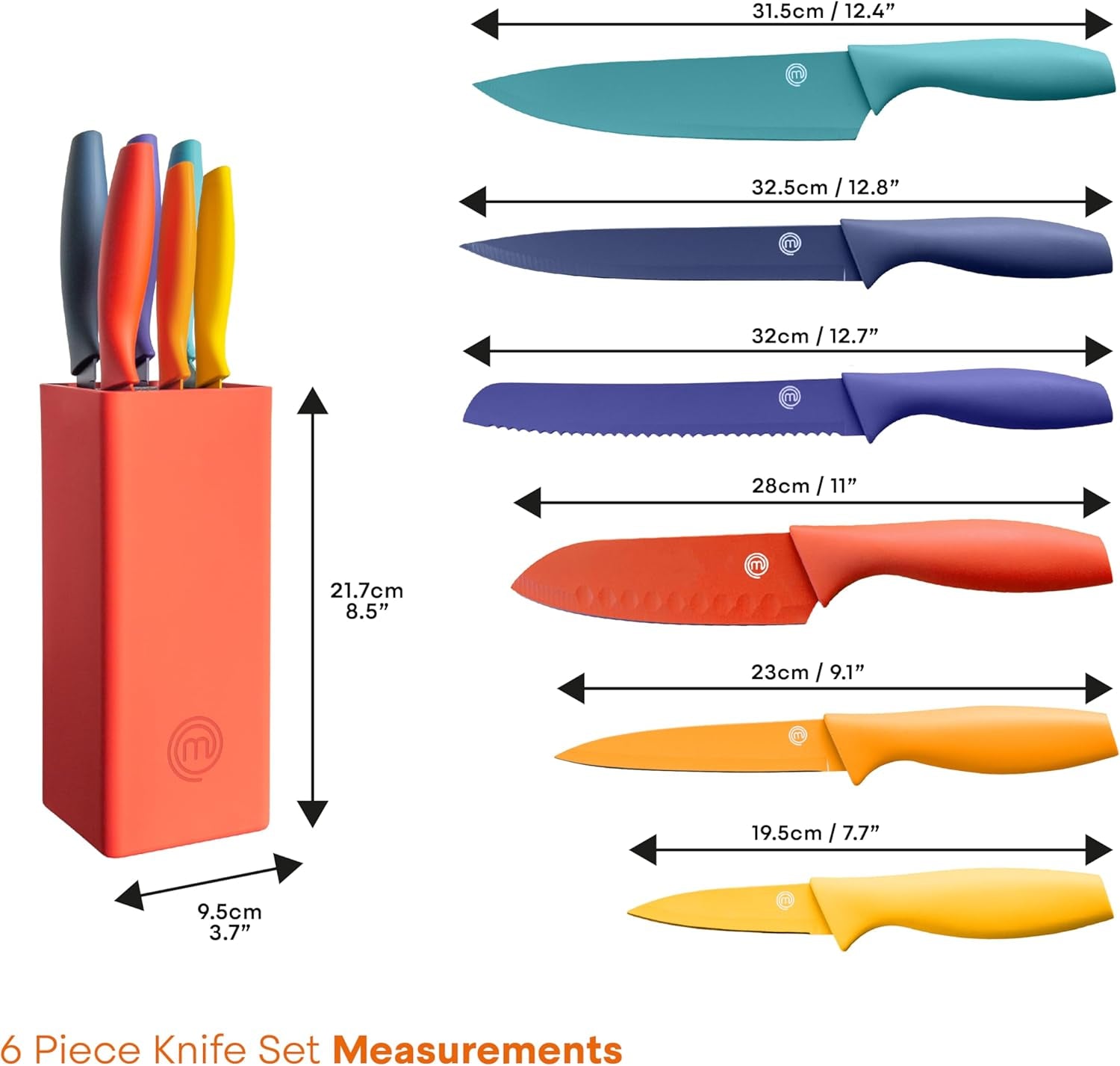 Knife Block Set of 6 Kitchen Knives, Extra Sharp Stainless Steel Blades for Professional Cutting with Non Stick Coating & Soft Touch Easy Grip Handles in a Red Universal Block, Vivid Color