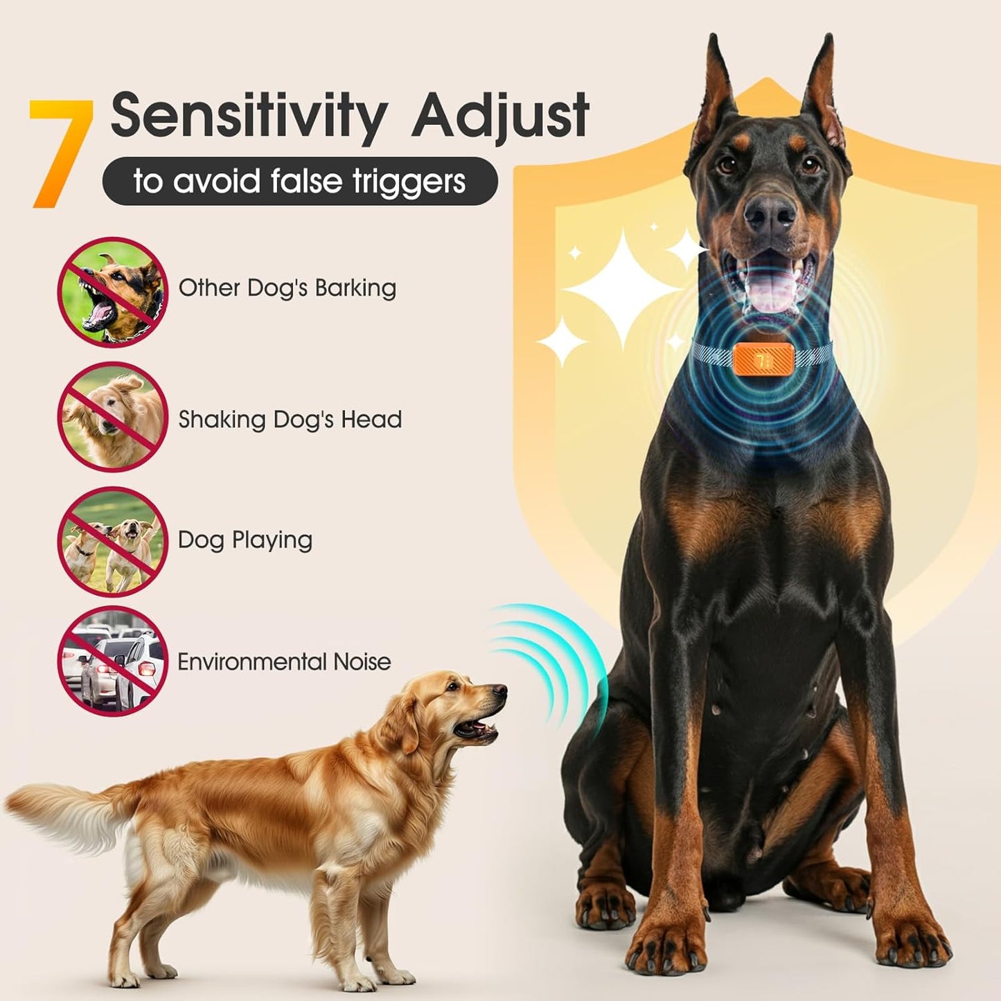 Dog Bark Collar for Large Medium Small Dogs, Effective No-Bark Collar, Smart Barking Collar, Rechargeable Bark Collar with 7-Level Sensitivity, 3 Beep & Vibration Modes, Waterproof, Orange