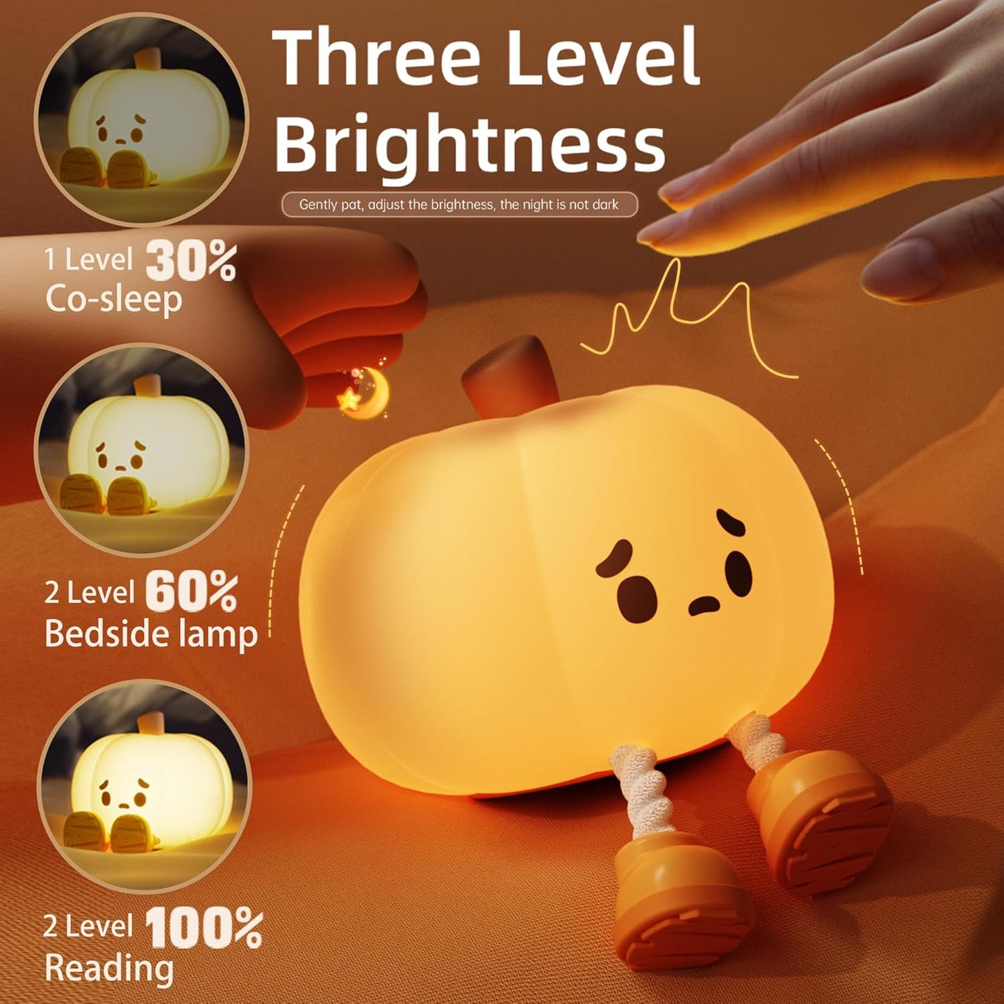 Cute Pumpkin LED Night Light, 3 Level Dimmable Nursery Nightlight, Silicone Soft Light Lamp Gift, Rechargeable Bedroom Touch Lamp for Breastfeeding, Kids, Girl, Boy, Halloween Decor (Pumpkin Shape)