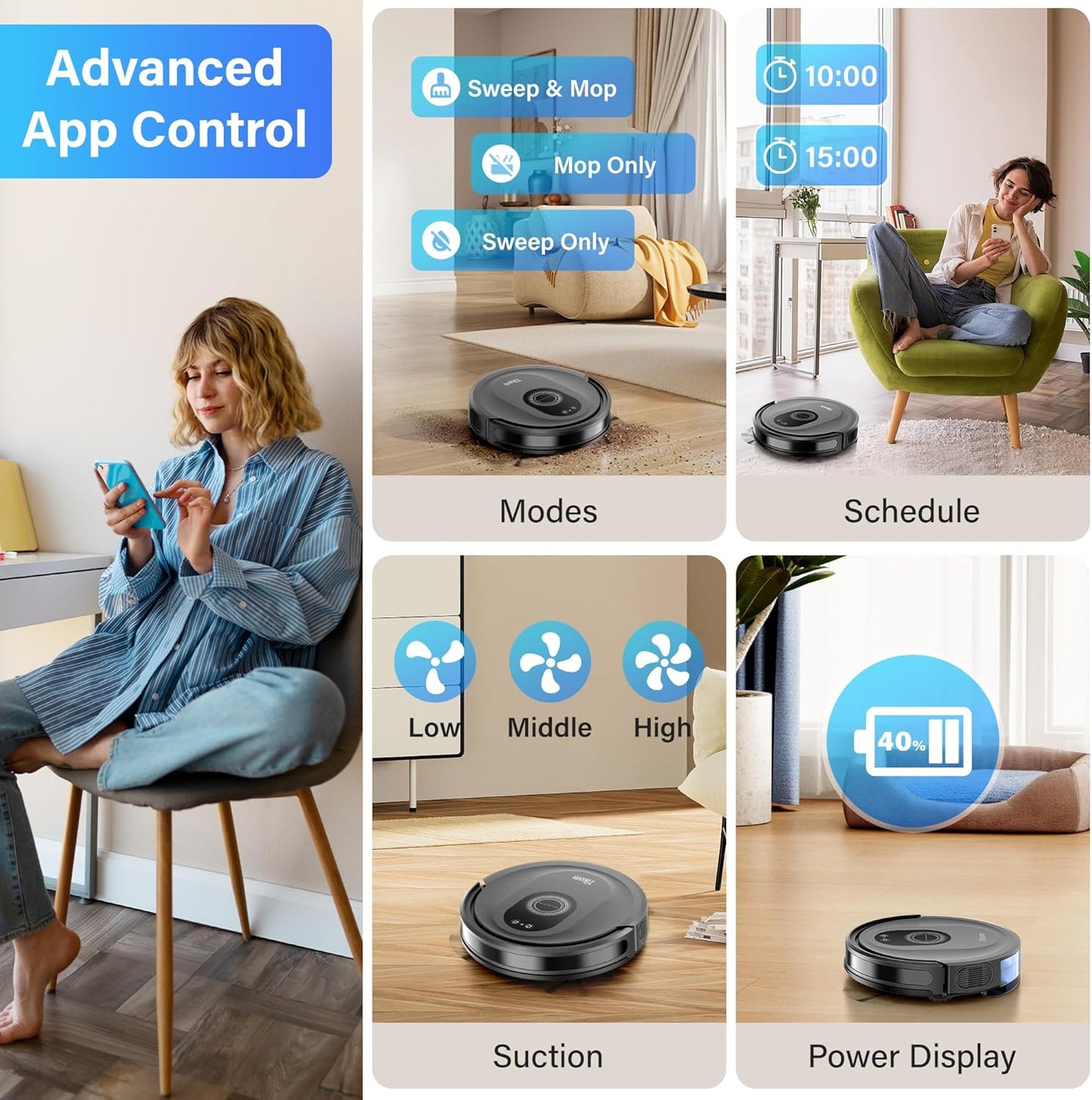 Robot Vacuum and Mop Combo, 5000Pa Suction Robotic Vacuum Cleaner with 150 Min Runtime, App and Remote Control, Self-Charging, Ideal for Hard Floors, Carpets, and Pet Hair (G8000 Max)