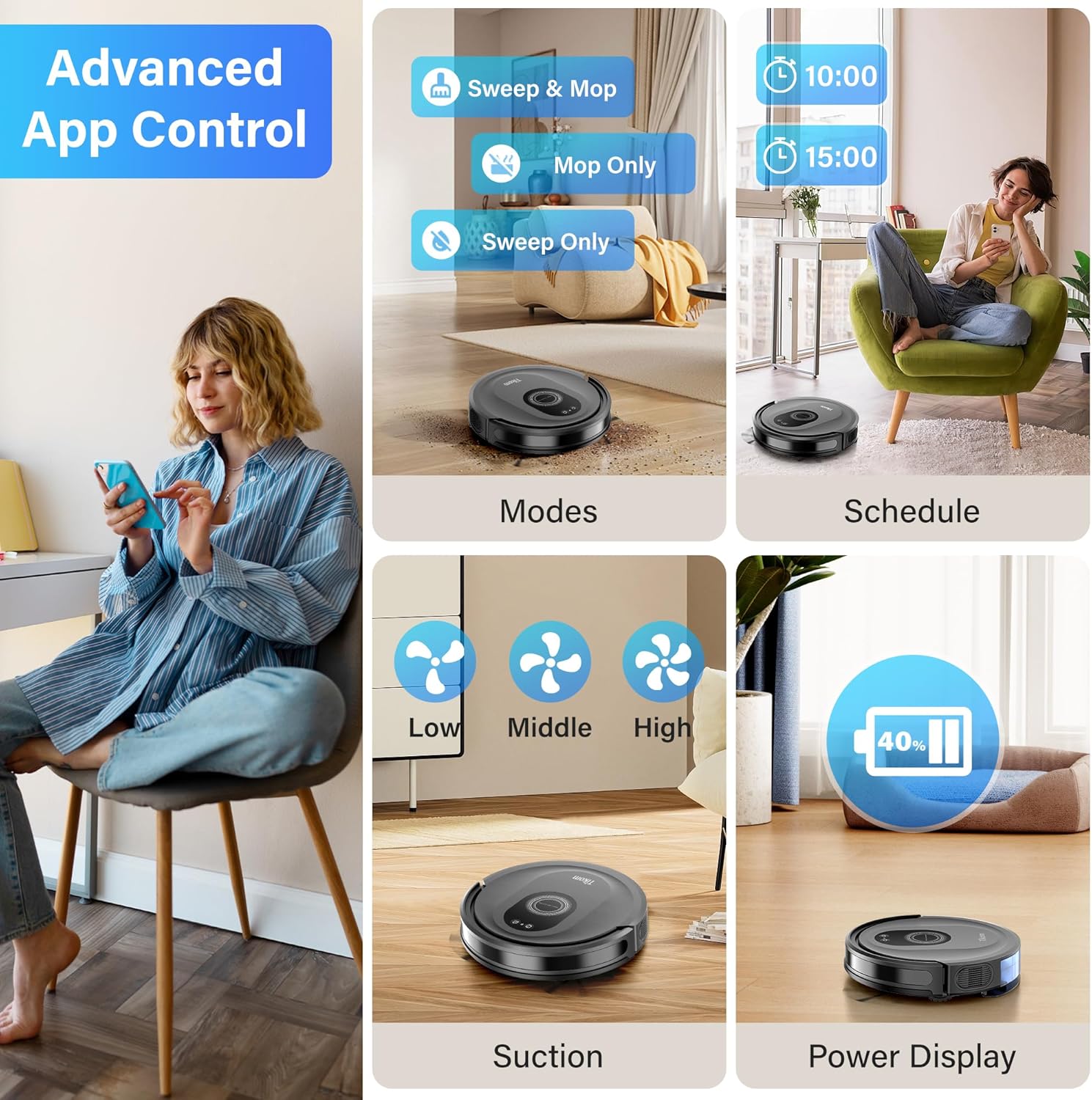 Robot Vacuum and Mop Combo, 5000Pa Suction Robotic Vacuum Cleaner with 150 Min Runtime, App and Remote Control, Self-Charging, Ideal for Hard Floors, Carpets, and Pet Hair (G8000 Max)