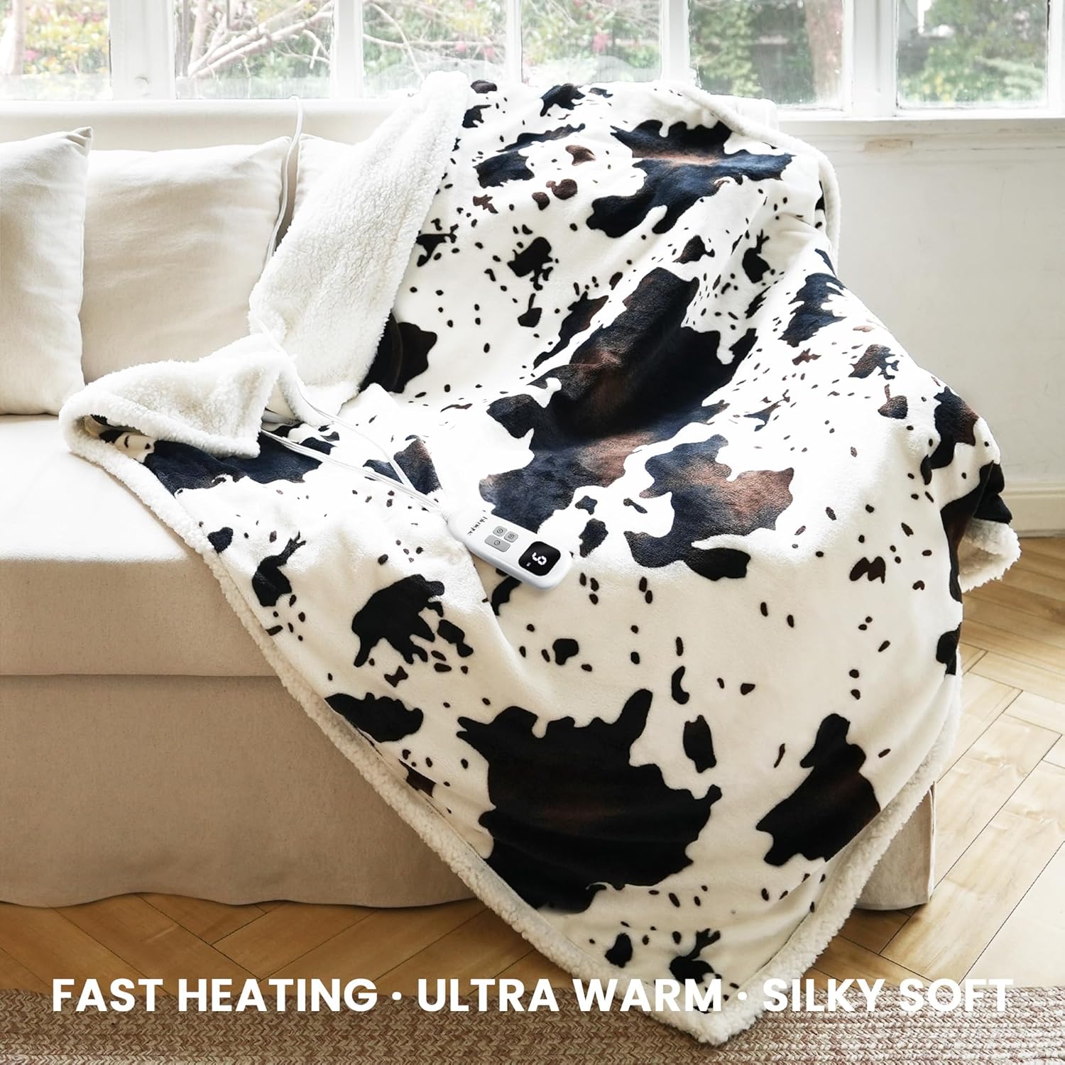 Cow Print Heated Throw Blanket, Electric Sherpa Fleece Blanket with 10 Heat Levels and 10-Hour Auto Off, Soft Washable 50 x 60 Inch Heating Blanket (White Cow Print)
