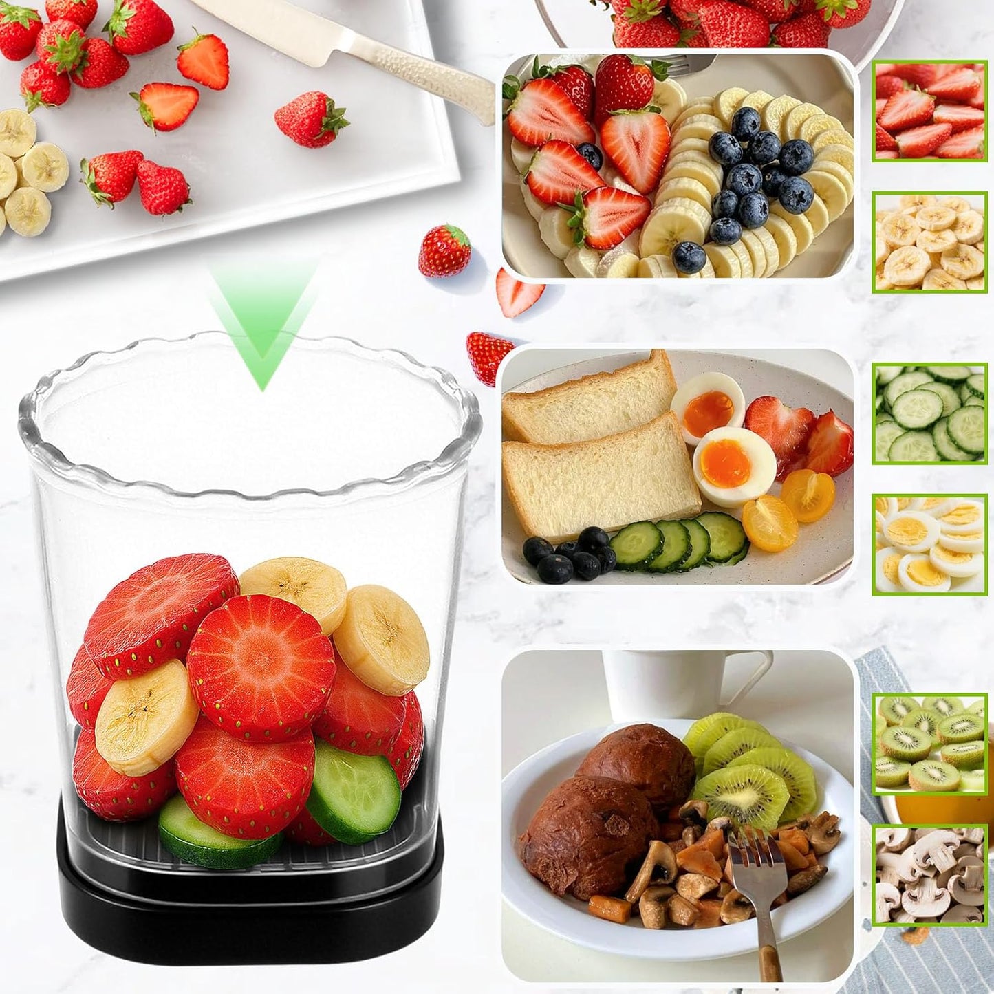  Strawberry Slicer with Stainless Steel Blades, Egg and Fruit Cutter Cup for Banana, Cucumber, Mushroom, Durable ABS Detachable Kitchen Gadget (Black, 1-Pack)