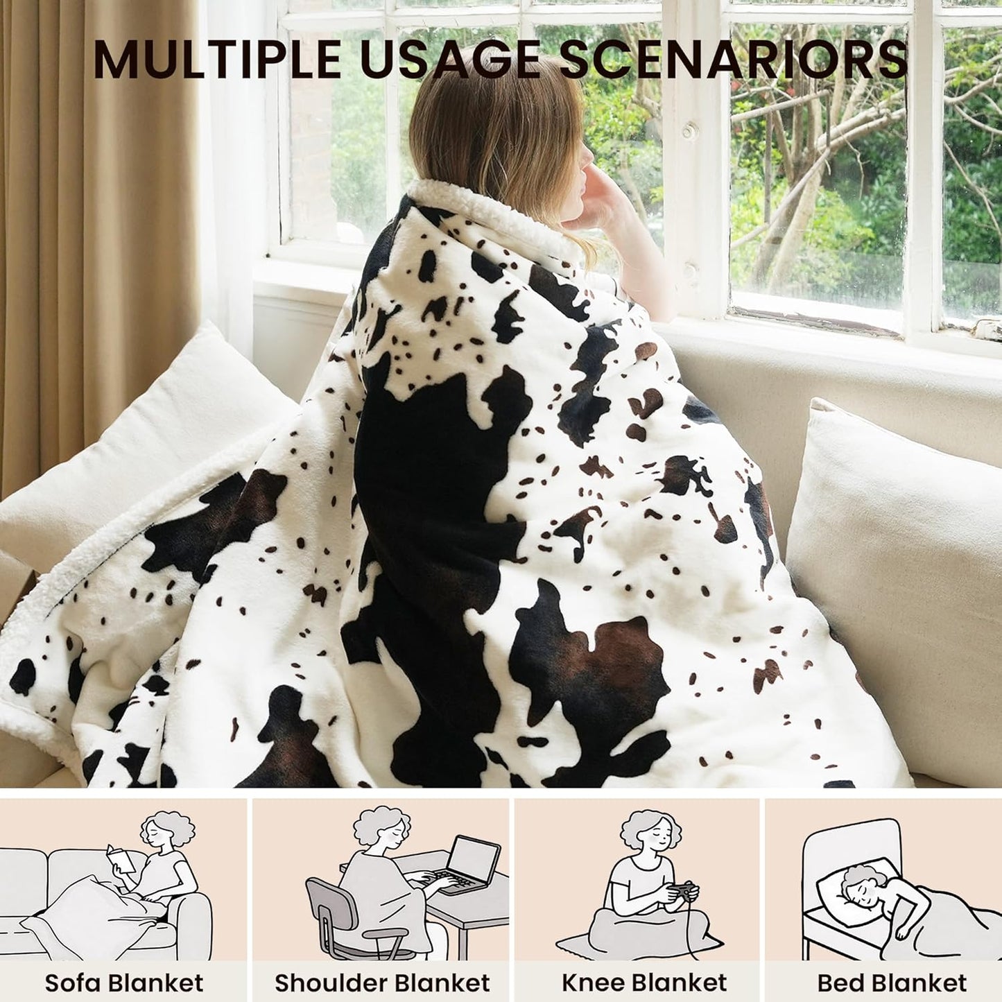 Cow Print Heated Throw Blanket, Electric Sherpa Fleece Blanket with 10 Heat Levels and 10-Hour Auto Off, Soft Washable 50 x 60 Inch Heating Blanket (White Cow Print)