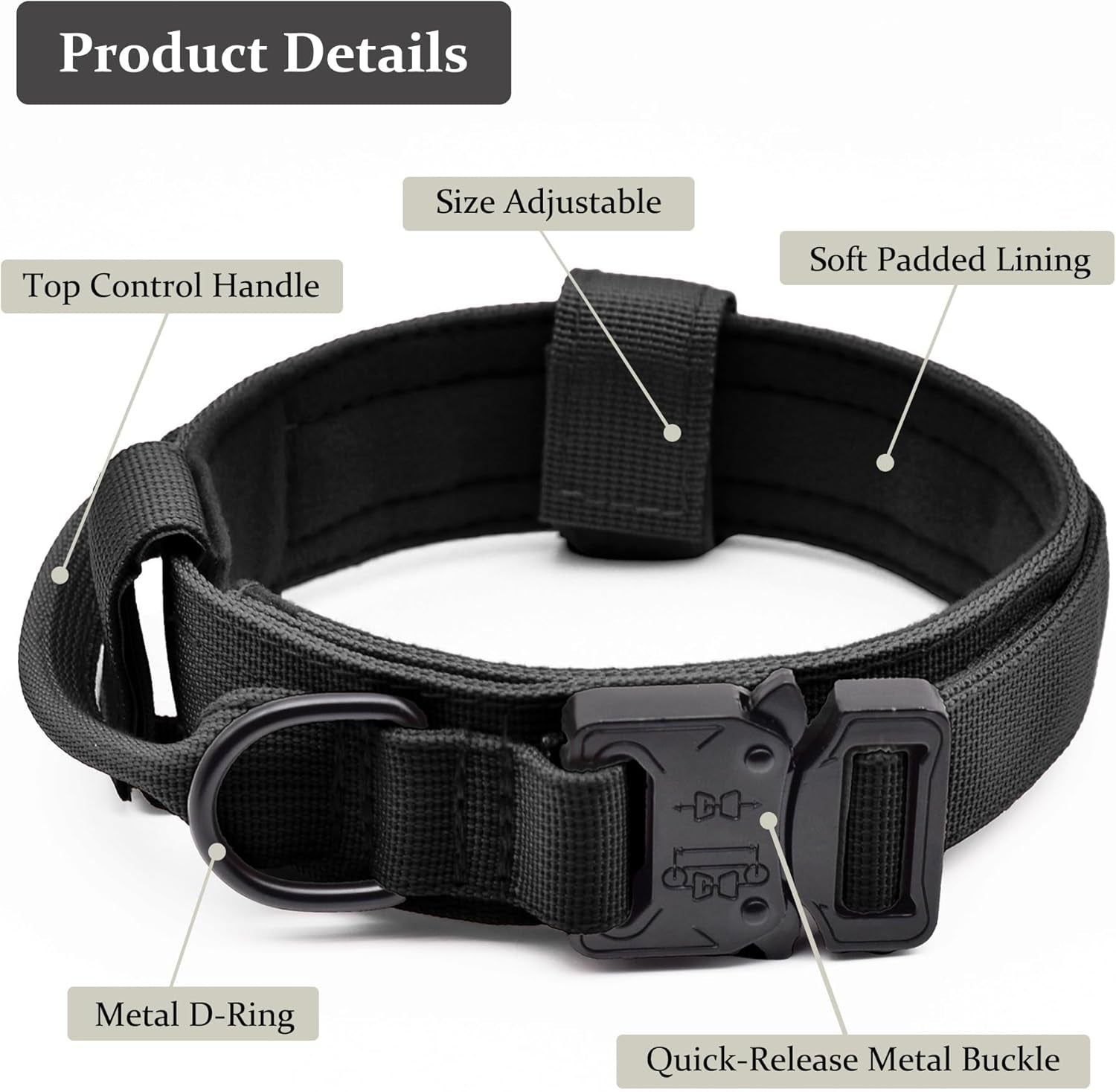 Tactical Dog Collar, Adjustable Military Training Nylon Dog Collar with Control Handle and Heavy Quick-Release Metal Buckle for Small Medium Large Dogs, Black L