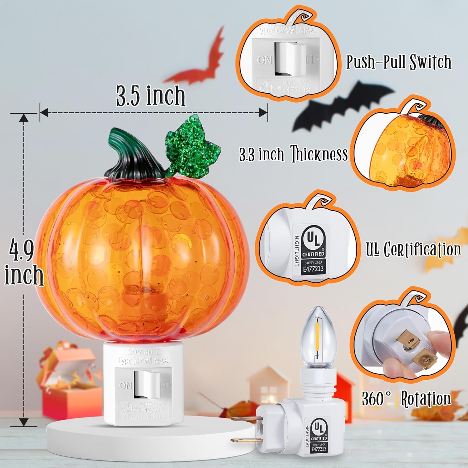 Halloween Pumpkin Bubble Night Light Plug into Wall, Bright Orange Pumpkin Fall Seasonal Light Powered by C7 LED Bulb Decoration for Home Bedroom Bathroom Kitchen Hallway(Classic Style)