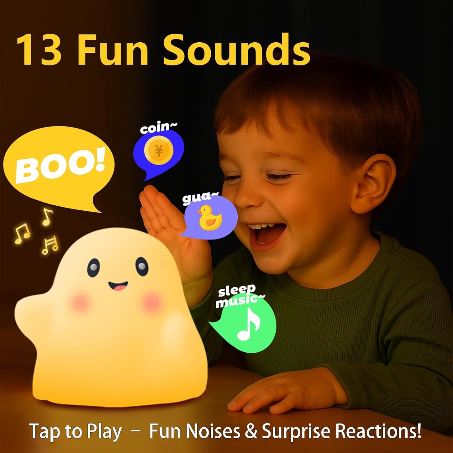 Halloween Cute Ghost Night Light for Kids-Touch+Squishy Silicone+2700K Eye-Safe Led+Fun Sounds,30-Min Timer,Dimmable,Nursery/Bedside/Bedroom Light - Gift for Boys&Girls&Baby&Toddler Cut Ghost Light
