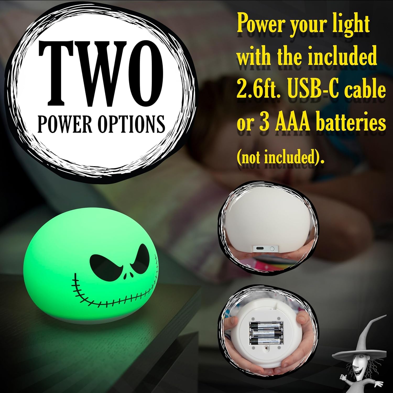 Jack Skellington Squishy Light - Color-Changing Night Light for Kids & Adults, Usb/Battery Operated Dimmable Lamp, Halloween & Christmas, Perfect for Bedroom, Playroom, Living Room (82503)