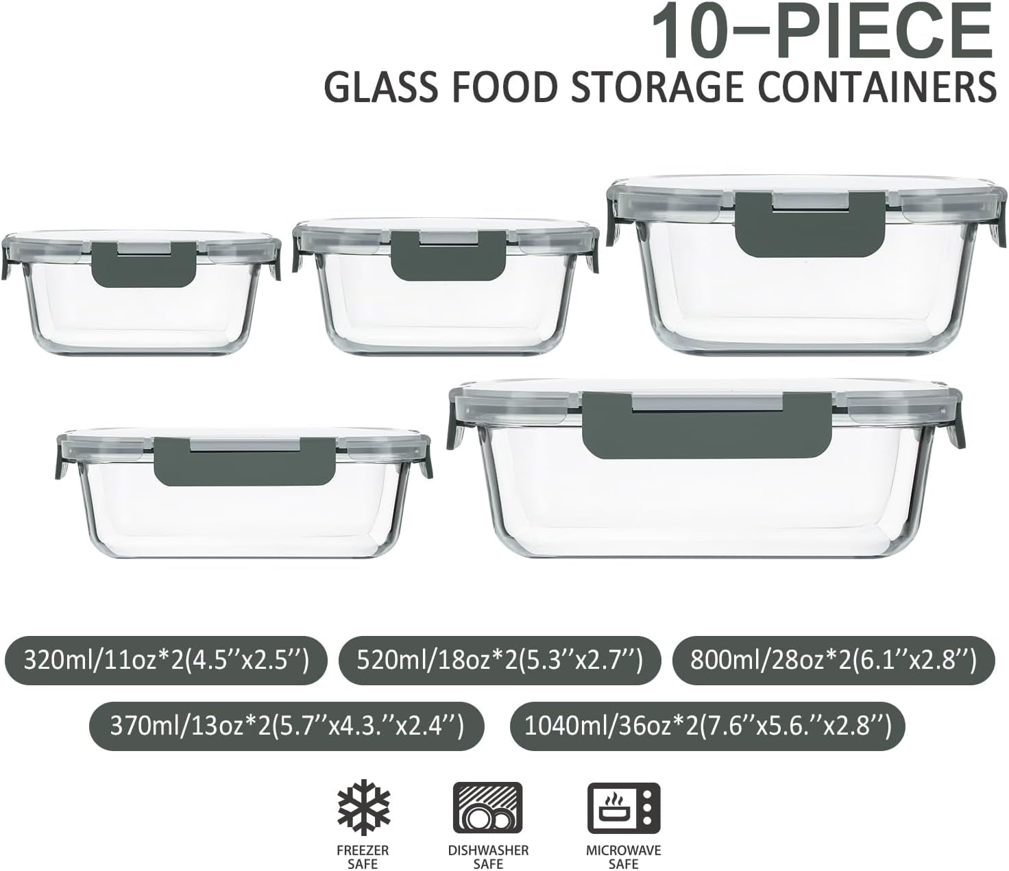 10-Pack Glass Food Storage Container with Lids, Airtight Lunch Bento Boxes, Glass Meal Prep Container,Microwave, Oven, Freezer and Dishwasher Friendly