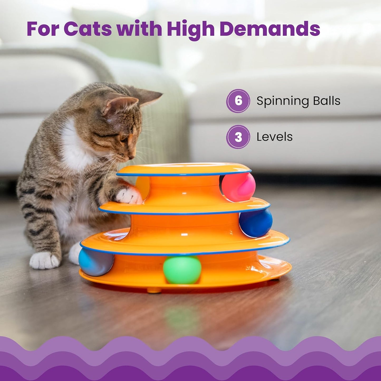 Tower of Tracks – 3-Level Interactive Cat Toy with 6 Spinning Balls, Non-Slip Base, Ideal for Indoor Cats, Orange