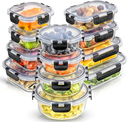 24Pc Borosilicate Glass Storage Containers with Lids | 12 Airtight/Freezer Safe Food Storage Containers for Pantry and Kitchen | Meal Prep Container for Lunch | Glass Tupperware Set