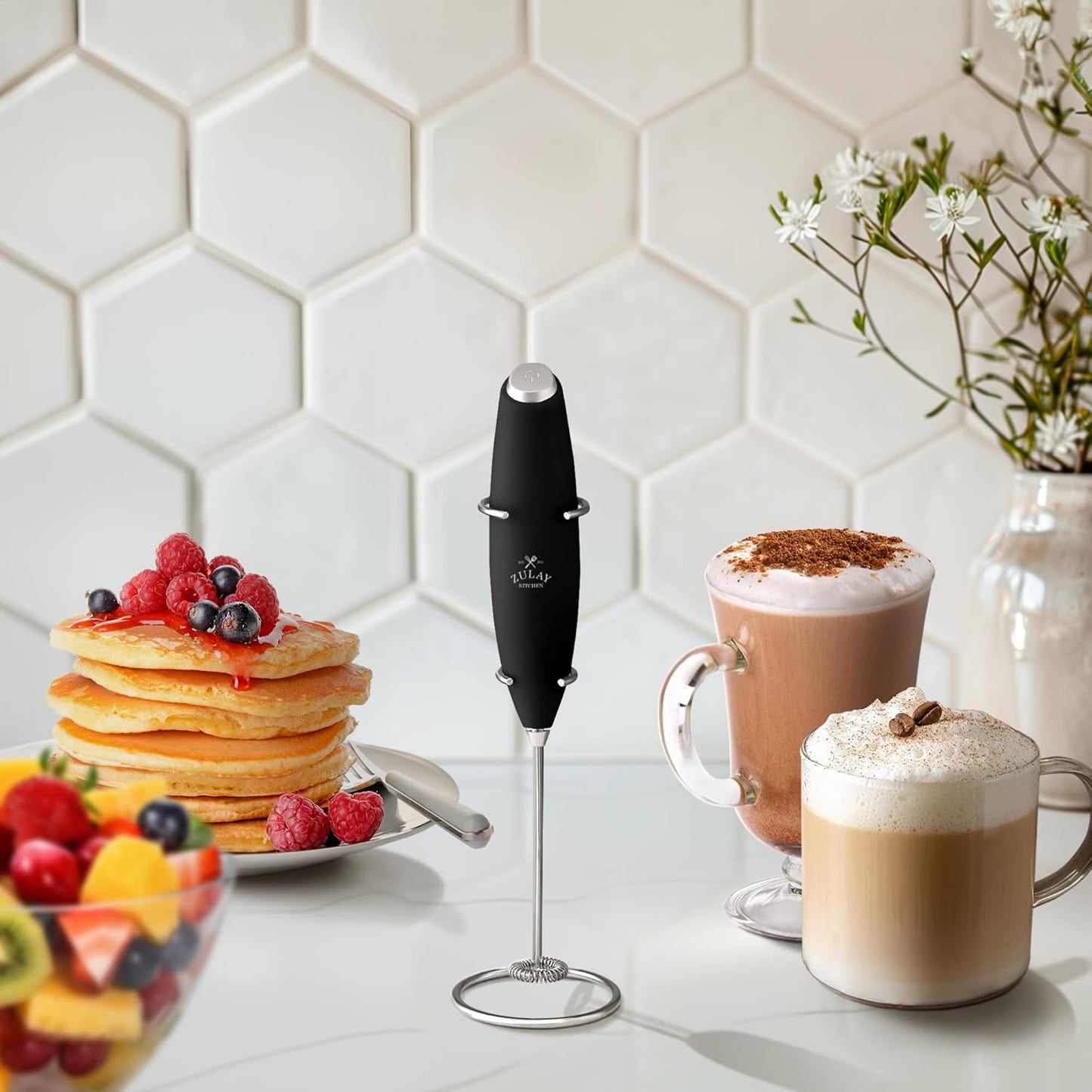 Powerful Milk Frother Wand with 2 Duracell Batteries - Ultra Fast Handheld Drink Mixer - Electric Whisk Foam Maker for Coffee, Lattes, Cappuccino, Matcha, Hot Chocolate & Creamer - Black