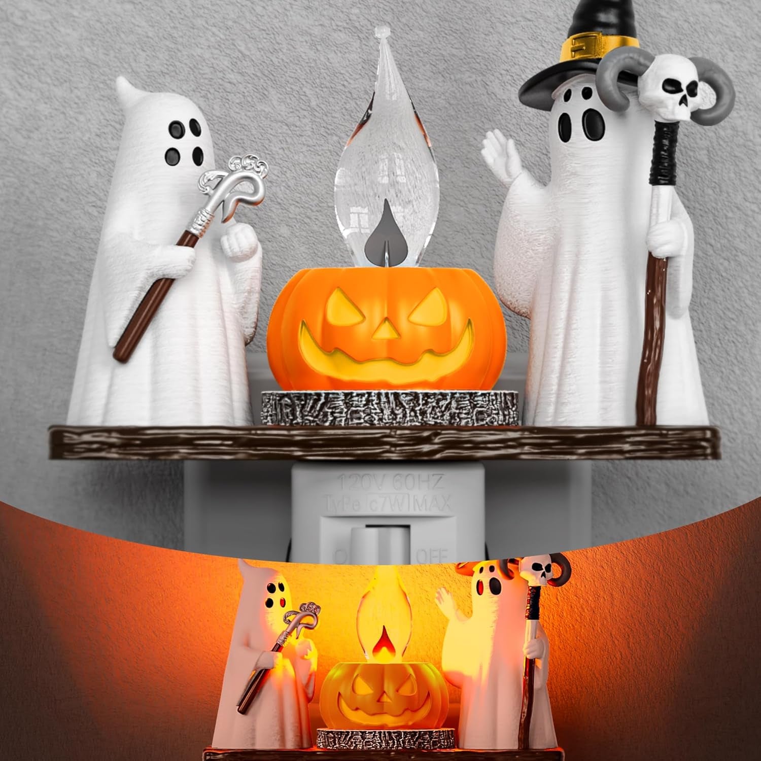 Halloween Night Light, Ghost Campfire Flickering Night Lights Plug into Wall, Cute Night Light for Kids, Plug in Ghost Nightlight with 360° Rotatable for Halloween Decorations Party