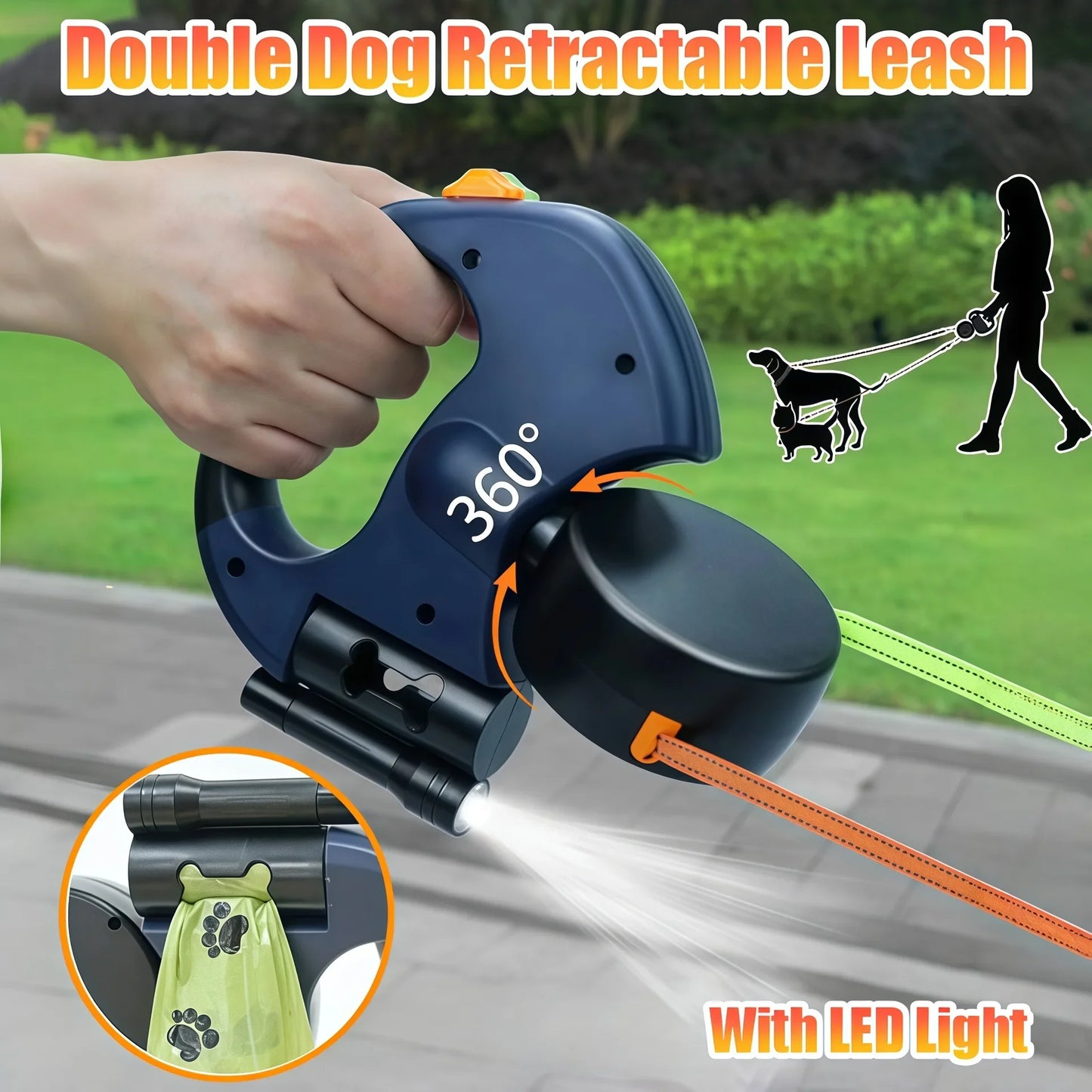 Deluxe 3M Dual Retractable Dog Leash with LED Safety Light, Reflective No-Tangle 360° Swivel Design, Ergonomic Grip – Perfect for Small Dogs