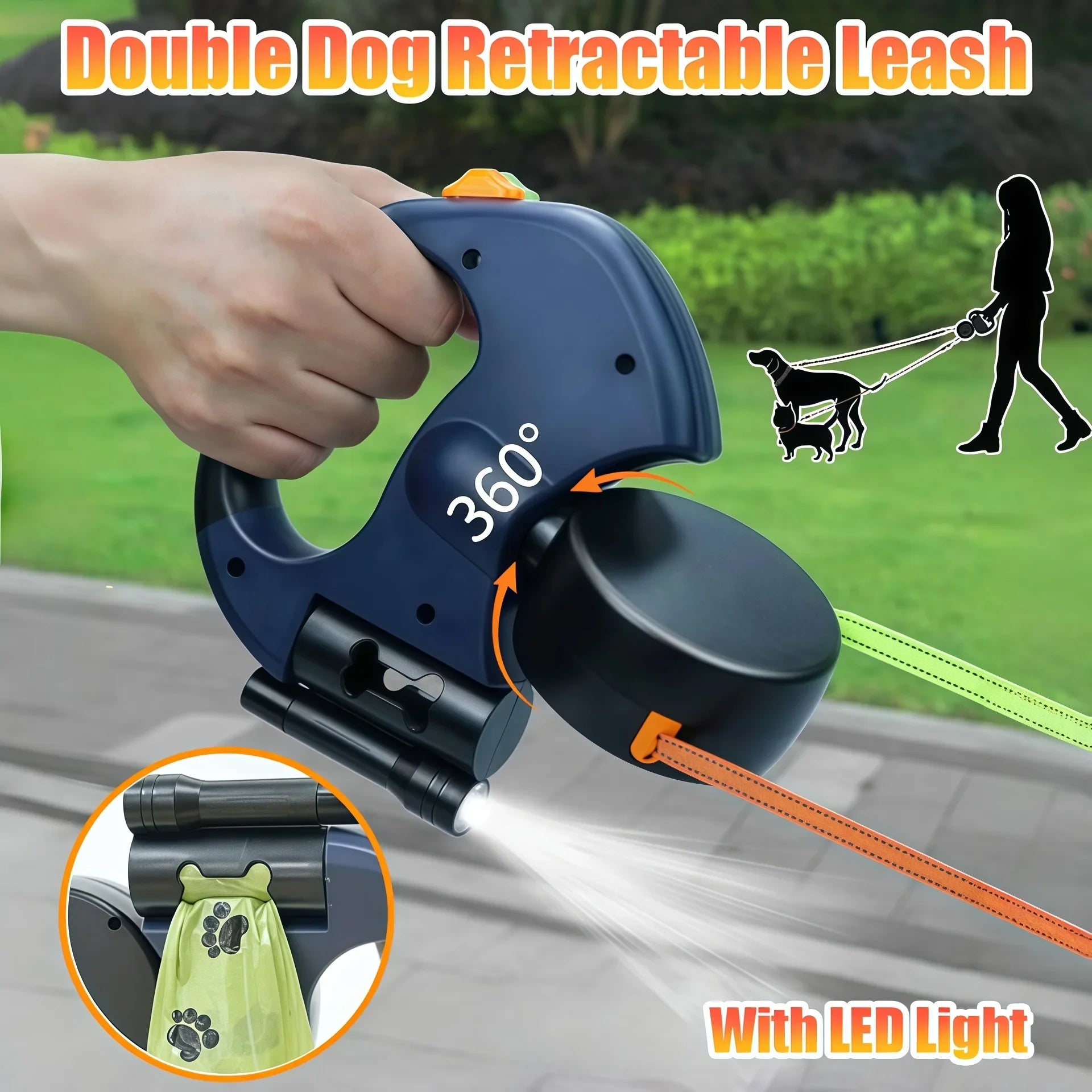Deluxe 3M Dual Retractable Dog Leash with LED Safety Light, Reflective No-Tangle 360° Swivel Design, Ergonomic Grip – Perfect for Small Dogs