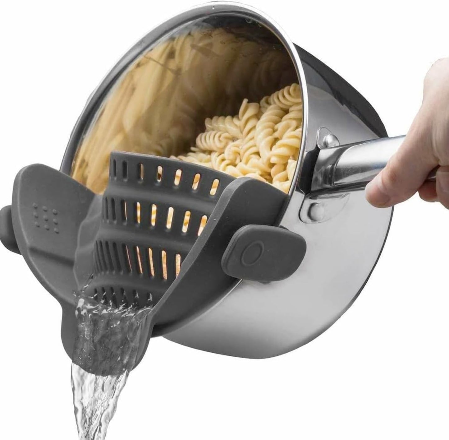 Snap N' Strain - Silicone Pasta Strainer Clip-On for Pots and Pans - Heat Resistant Colander for Vegetables and Noodles - Kitchen Gadgets for Cooking - Space-Saving Design - Gray