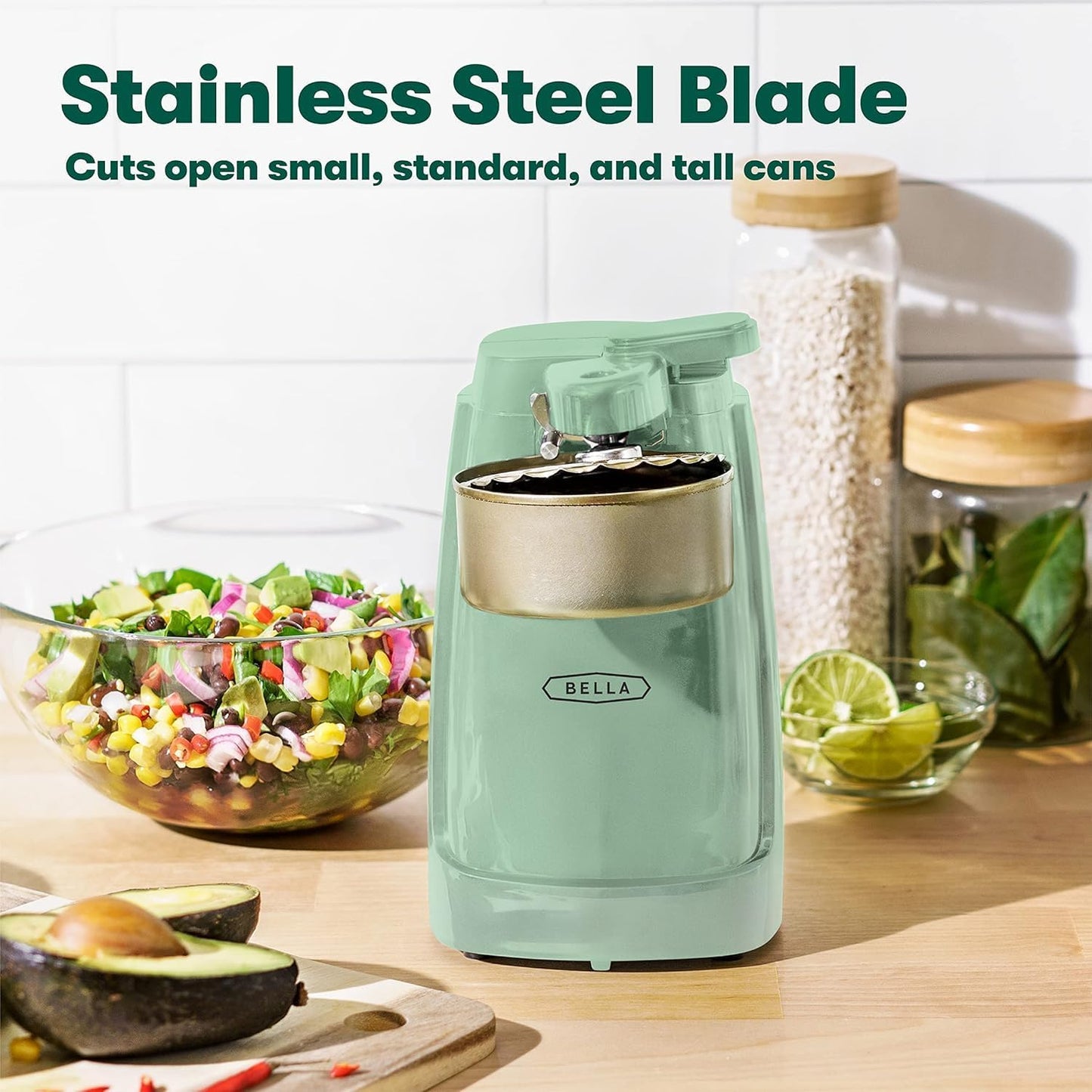 Electric Can Opener and Knife Sharpener, Multifunctional Jar and Bottle Opener with Removable Cutting Lever and Cord Storage, Stainless Steel Blade, Sage