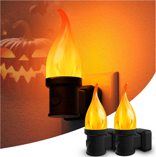 Flickering Flame Night Light Plug in 2 Pack, Halloween Night Lights Plug into Wall, with Dusk to Dawn Sensor, 3 Modes, Home Decor, Flameless Candle Nightlight for Decorative Halloween Bedroom