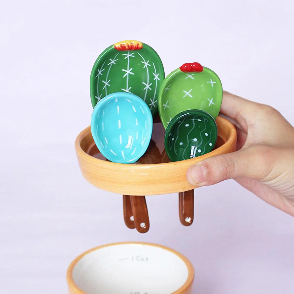 4-Piece Porcelain Cactus Measuring Spoons Set with Decorative Base | Cute Ceramic Flower Pot Style for Sugar, Spice & Kitchen Décor