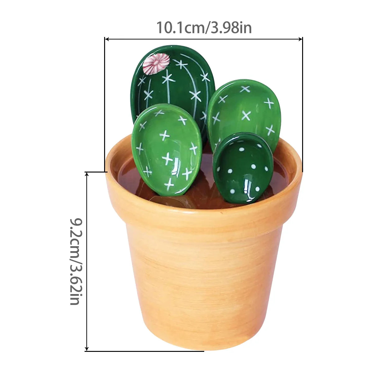 4-Piece Porcelain Cactus Measuring Spoons Set with Decorative Base | Cute Ceramic Flower Pot Style for Sugar, Spice & Kitchen Décor