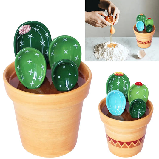4-Piece Porcelain Cactus Measuring Spoons Set with Decorative Base | Cute Ceramic Flower Pot Style for Sugar, Spice & Kitchen Décor