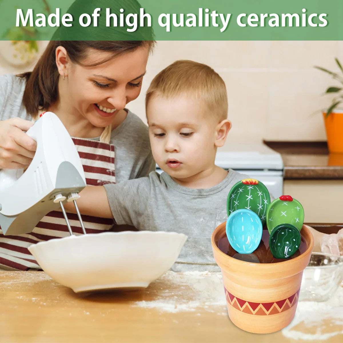 4-Piece Porcelain Cactus Measuring Spoons Set with Decorative Base | Cute Ceramic Flower Pot Style for Sugar, Spice & Kitchen Décor