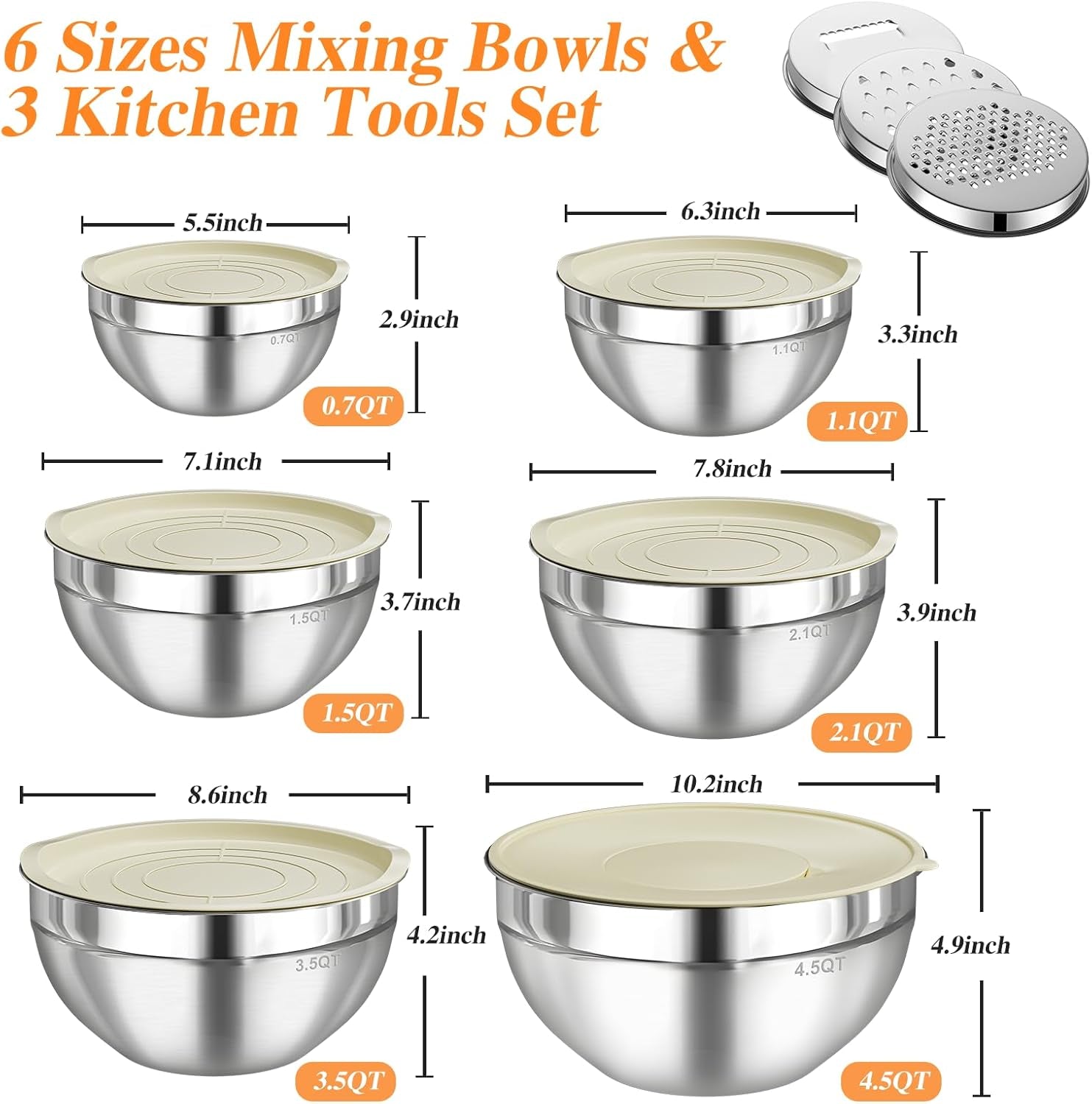 Mixing Bowls with Lids Set, 6 PCS Stainless Steel Mixing Bowls with 3 Grater Attachments, Kitchen Food Storage Organizers Nesting Mixing Bowl, Large Size 4.5, 3.5, 2.1, 1.5, 1.1, 0.7QT