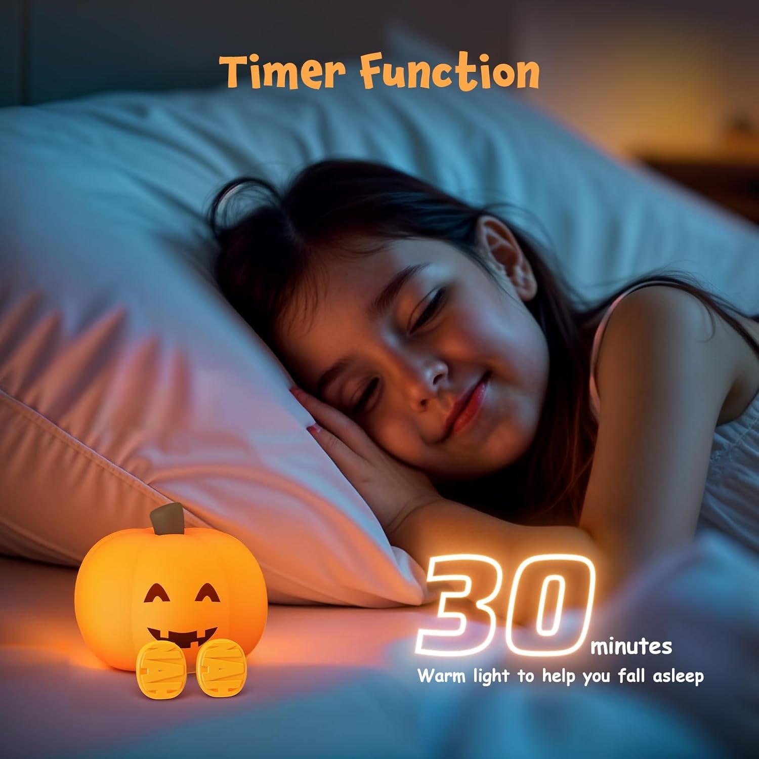 Cute Pumpkin Night Light Rechargeable Halloween Decor Pumpkin Lamp, Squishy Silicone 3-Level Dimmable Brightness Touch Control 30-Minute Timer, for Kids Family Bedroom Fall Decorations