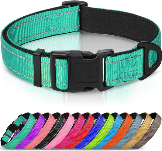 Reflective Dog Collar, Soft Neoprene Padded, Metal D-Ring, Nylon Pet Collar Adjustable for Large Dogs, Teal, L
