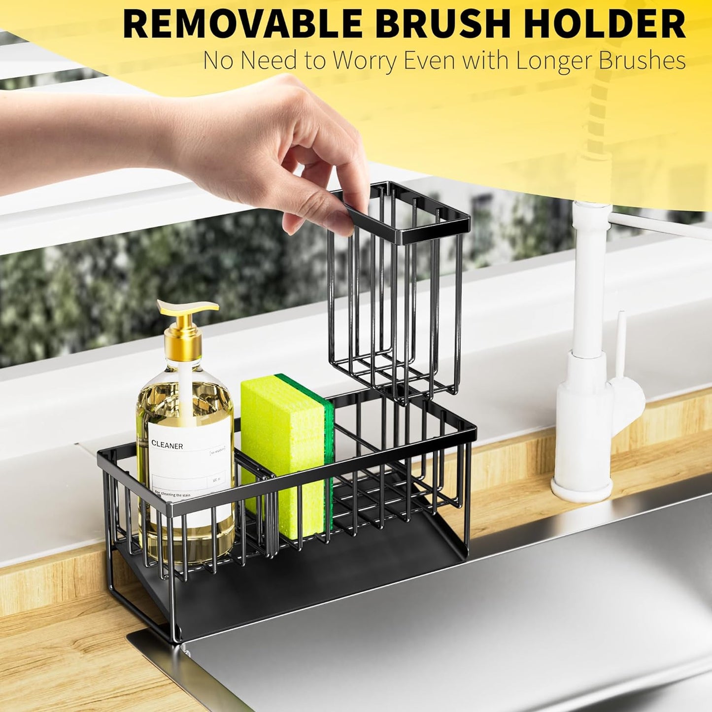 Kitchen Sink Caddy Organzier with High Brush Holder, Sponge Holder for Sink, 304 Rustproof Stainless, Kitchen Countertop Soap Dispenser Organizer, Kitchen Decor and Accessories
