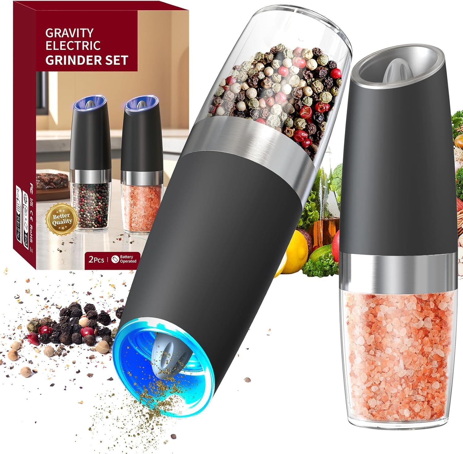 Gravity Electric Salt and Pepper Grinder Set Automatic Salt and Pepper Grinder Set with LED Light, Battery Operated, Adjustable Coarseness, Large Capacity, for Home Kitchen BBQ