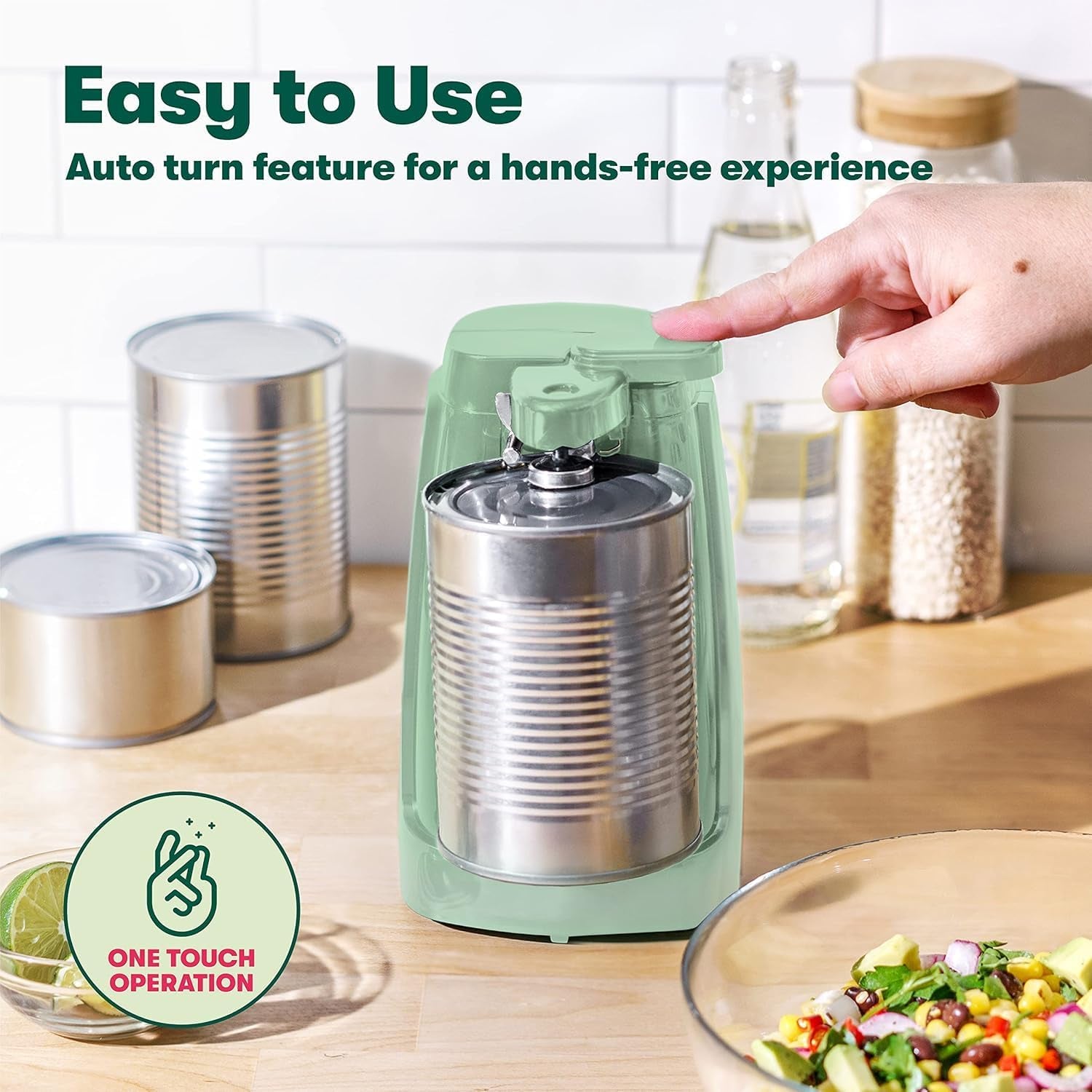Electric Can Opener and Knife Sharpener, Multifunctional Jar and Bottle Opener with Removable Cutting Lever and Cord Storage, Stainless Steel Blade, Sage