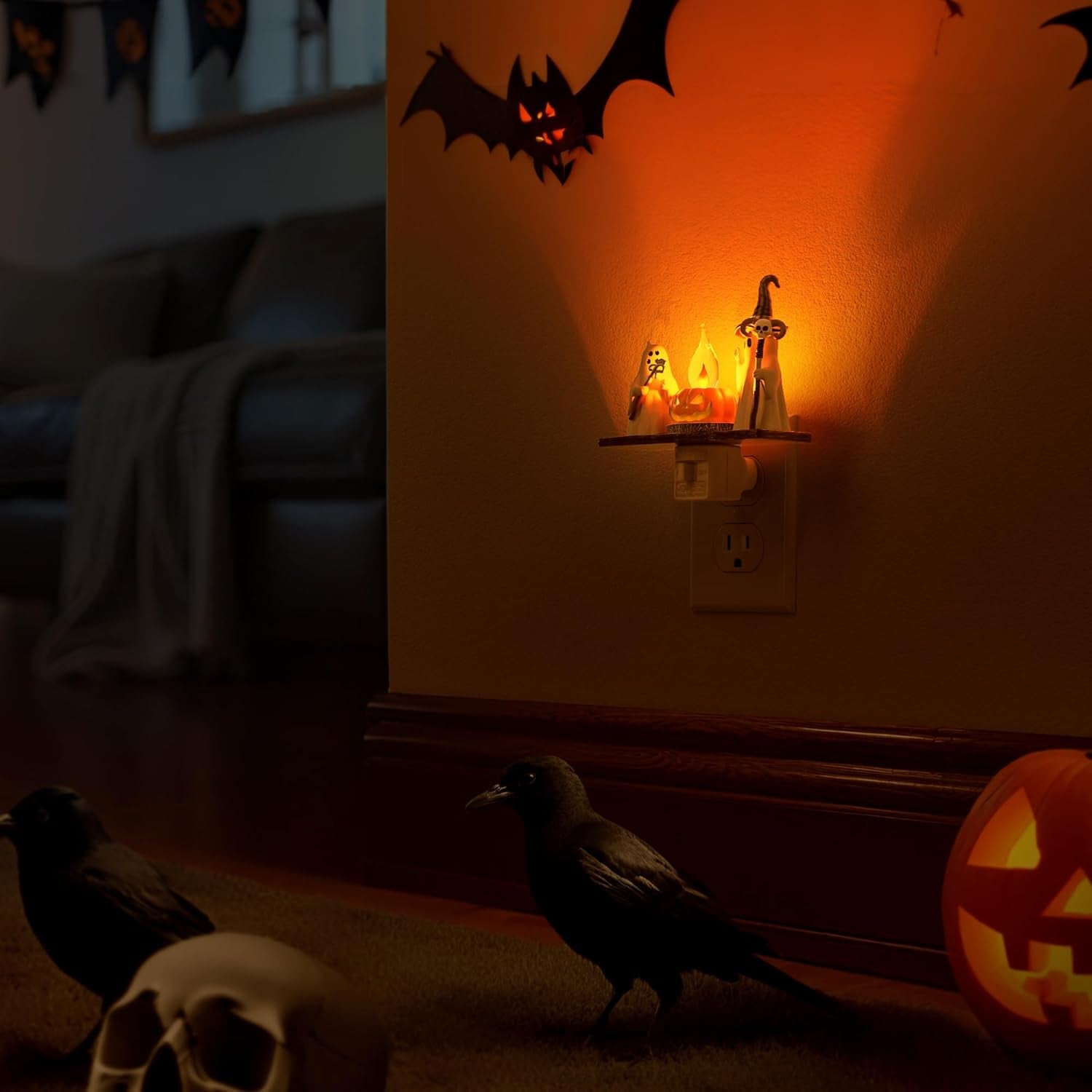 Halloween Night Light, Ghost Campfire Flickering Night Lights Plug into Wall, Cute Night Light for Kids, Plug in Ghost Nightlight with 360° Rotatable for Halloween Decorations Party