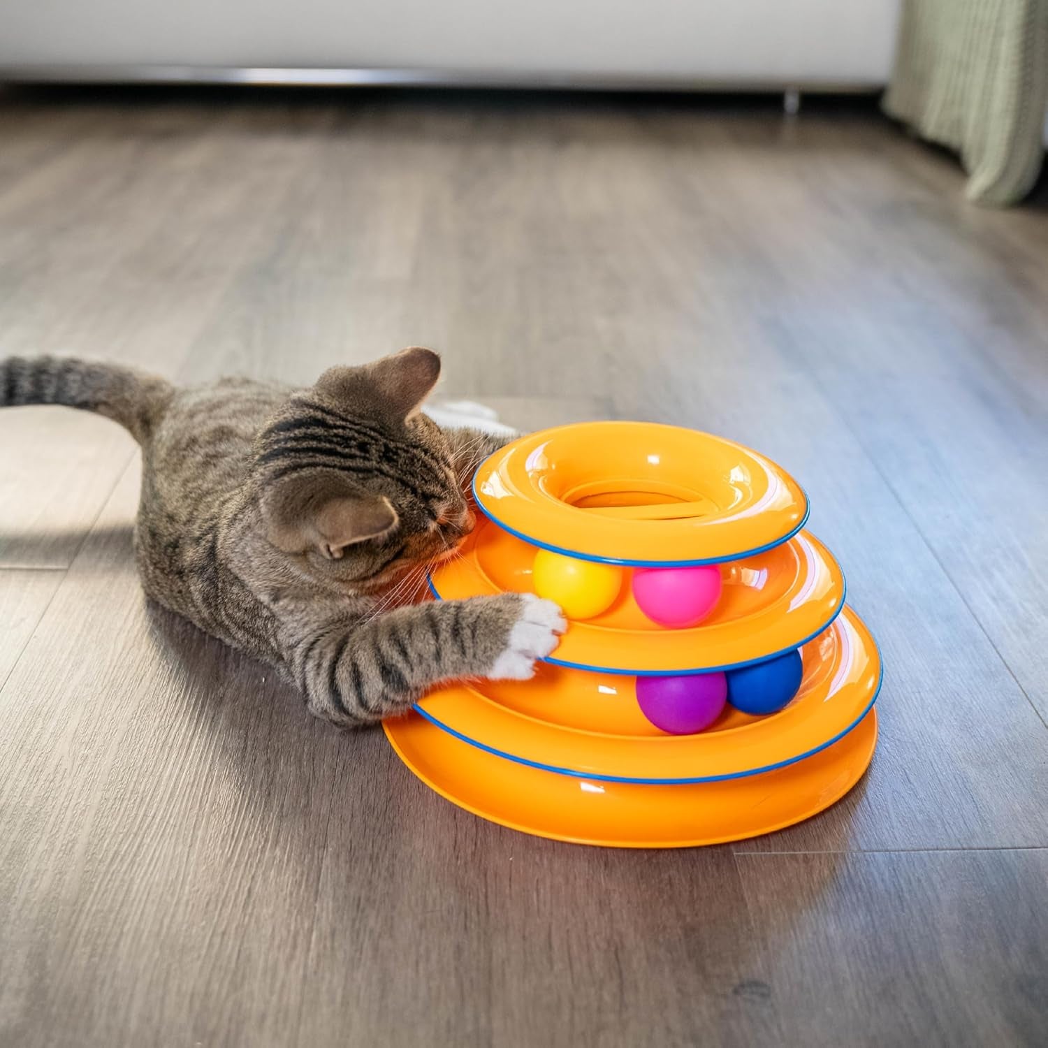 Tower of Tracks – 3-Level Interactive Cat Toy with 6 Spinning Balls, Non-Slip Base, Ideal for Indoor Cats, Orange