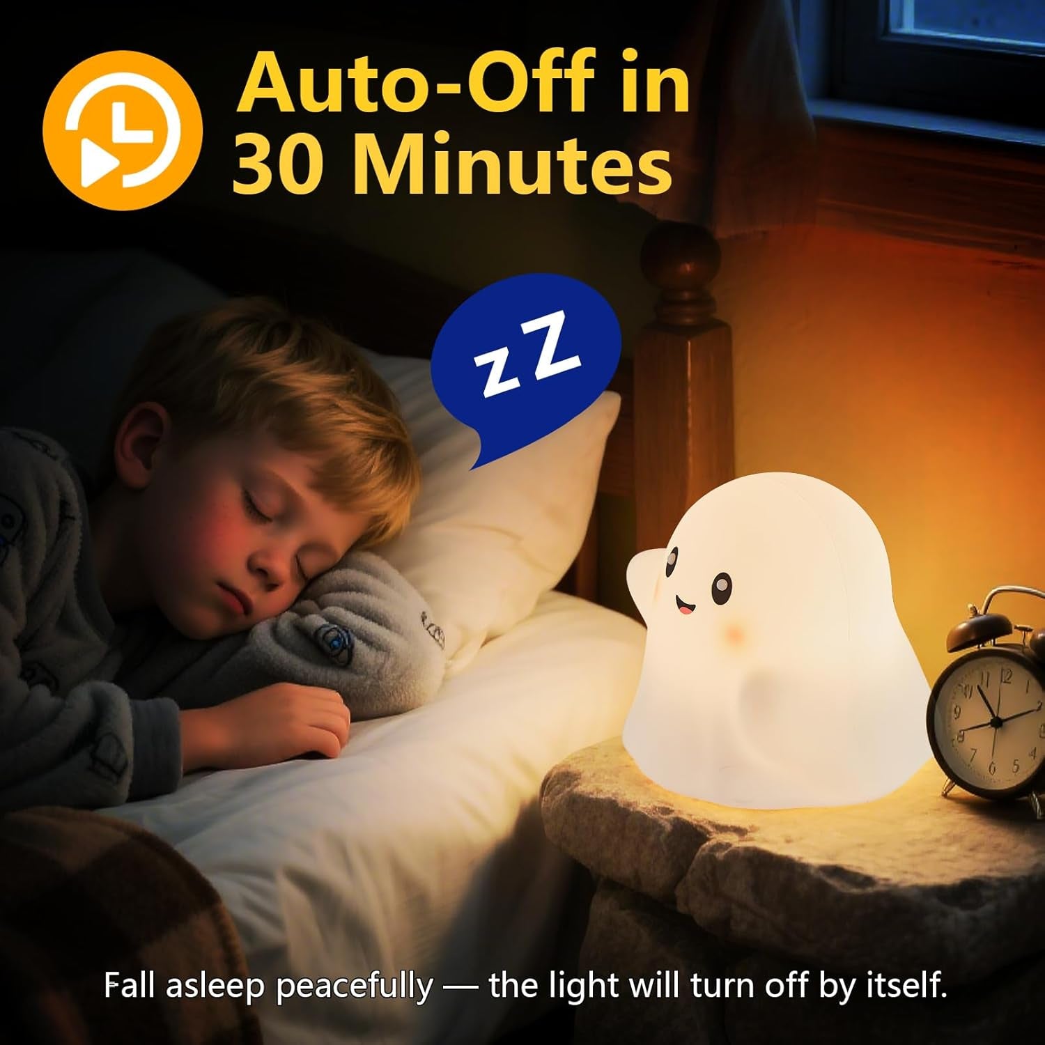 Halloween Cute Ghost Night Light for Kids-Touch+Squishy Silicone+2700K Eye-Safe Led+Fun Sounds,30-Min Timer,Dimmable,Nursery/Bedside/Bedroom Light - Gift for Boys&Girls&Baby&Toddler Cut Ghost Light