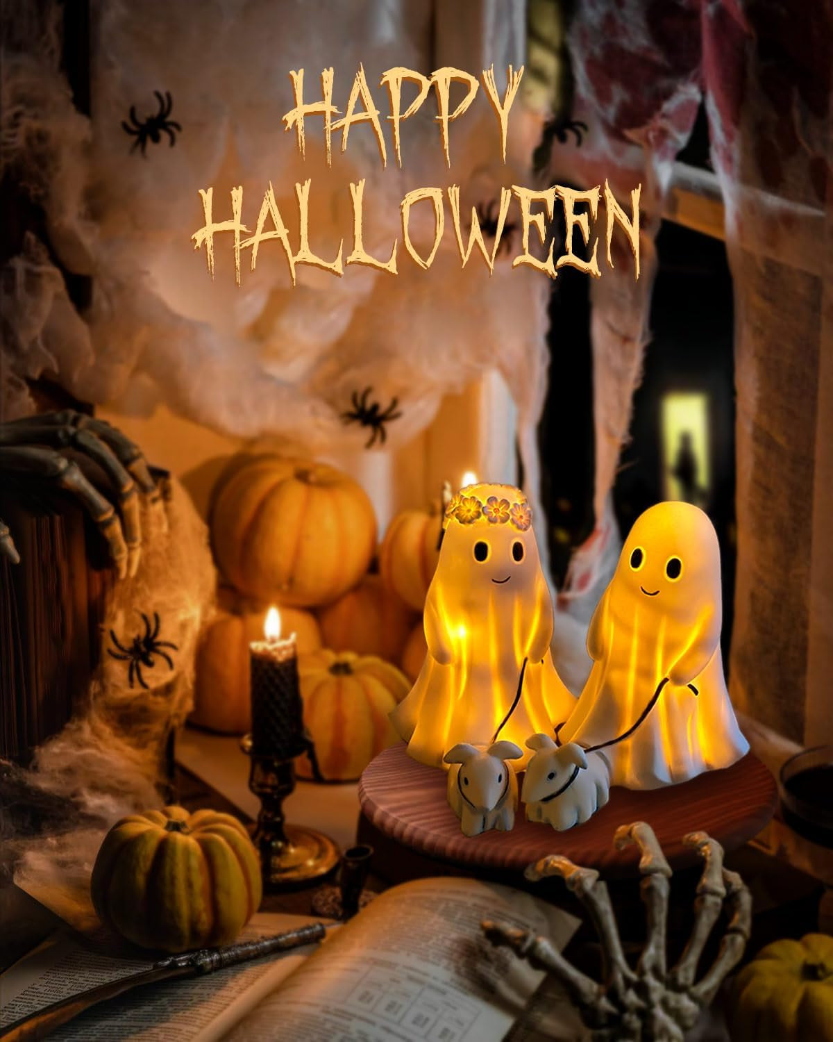 Ghost Walking Dog Display Statue Nightlight, Warm Lighted Indoor Figurine Lamps, Halloween Decors Spooky Dog Light, Cute Decorations for Party, Home, Bedroom, Shelf, Table Centerpiece (Boy)