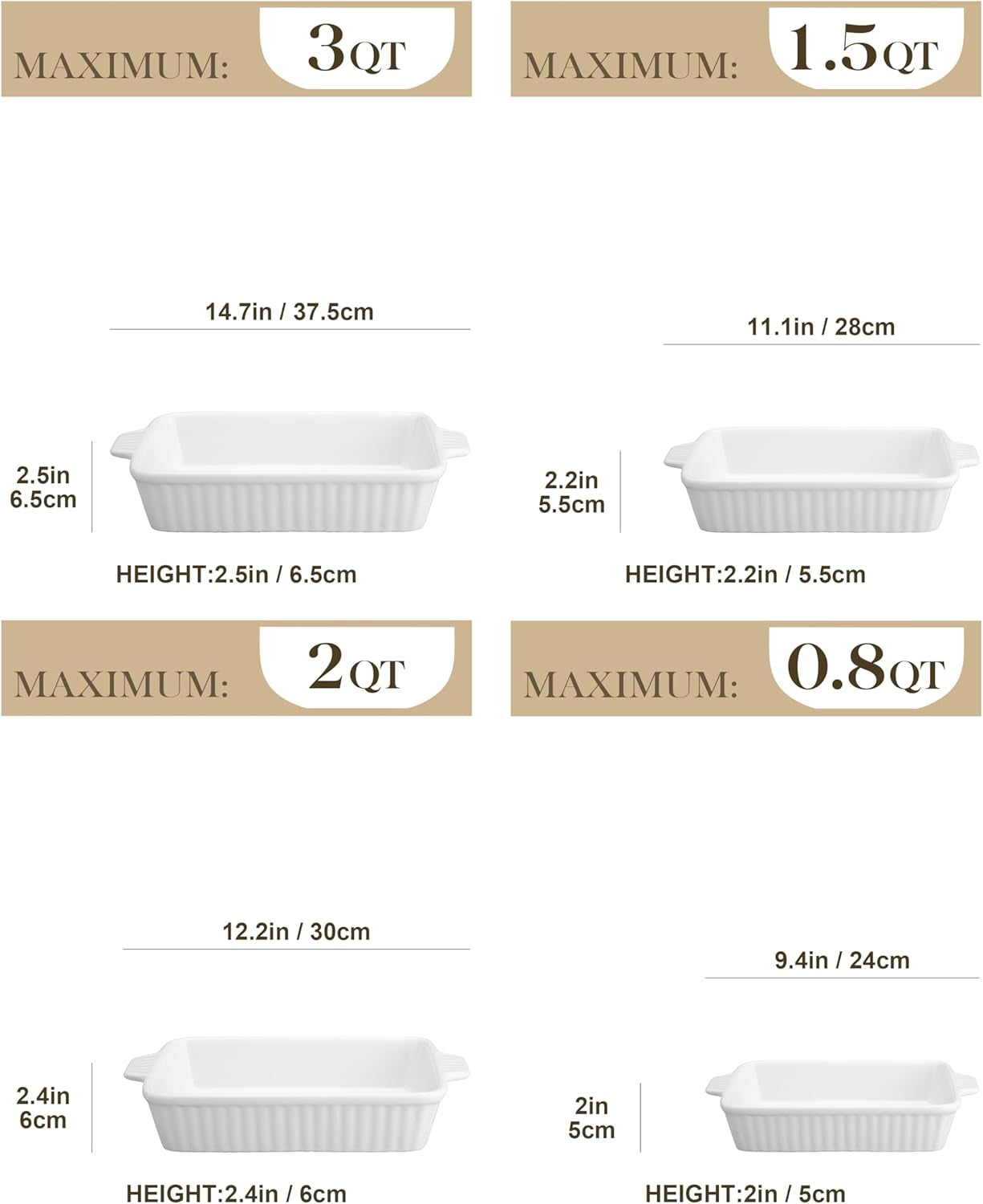 Casserole Dishes for Oven, Porcelain Baking Dishes, Ceramic Bakeware Sets of 4, Rectangular Lasagna Pans Deep with Handles for Baking Cake Kitchen, White (9.4"/11.1"/12.2"/14.7"), Series