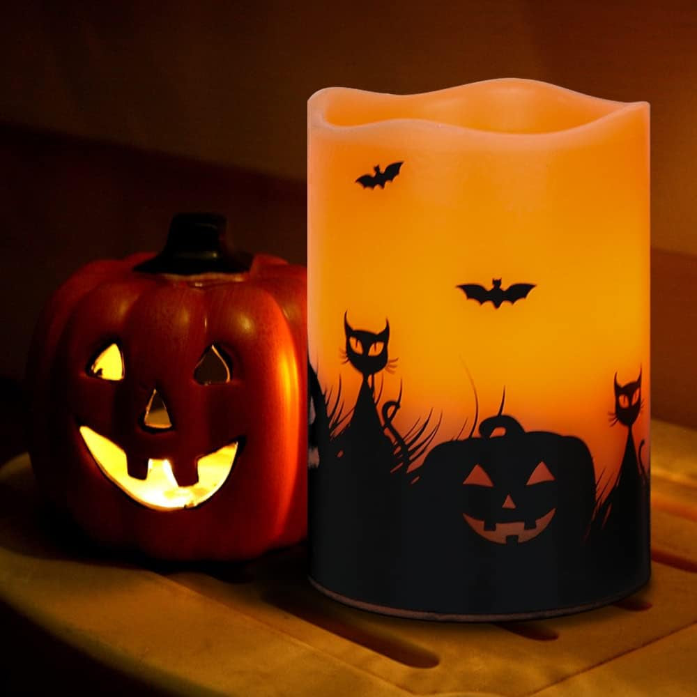 Halloween Flickering Flameless Candles with 6 Hour Timer, Battery Operated LED Real Wax Candles Set of 3 Halloween Home Decoration Gifts(3 X 4 5 6 Inch)
