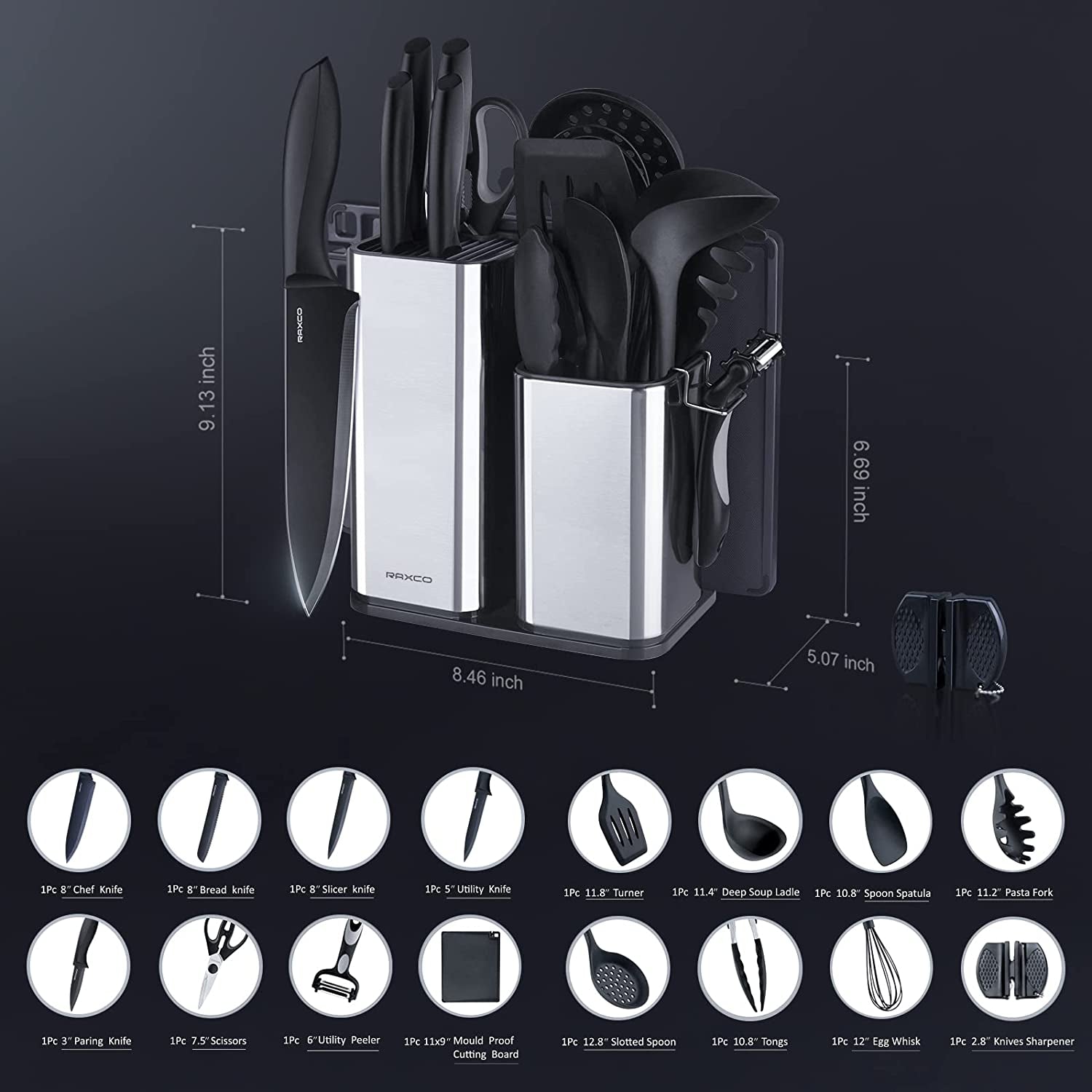 Kitchen Utensils Set,18-Piece Cooking Tools and Sharp Knives,Stainless Steel Holder and Cutting Board