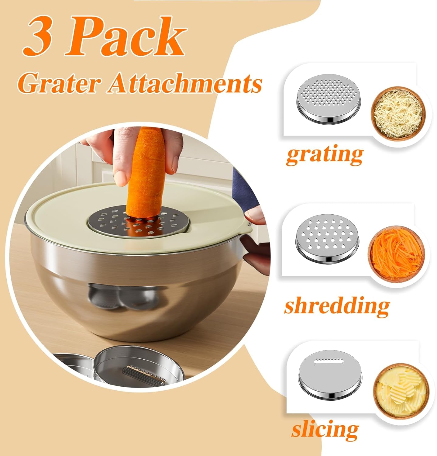 Mixing Bowls with Lids Set, 6 PCS Stainless Steel Mixing Bowls with 3 Grater Attachments, Kitchen Food Storage Organizers Nesting Mixing Bowl, Large Size 4.5, 3.5, 2.1, 1.5, 1.1, 0.7QT
