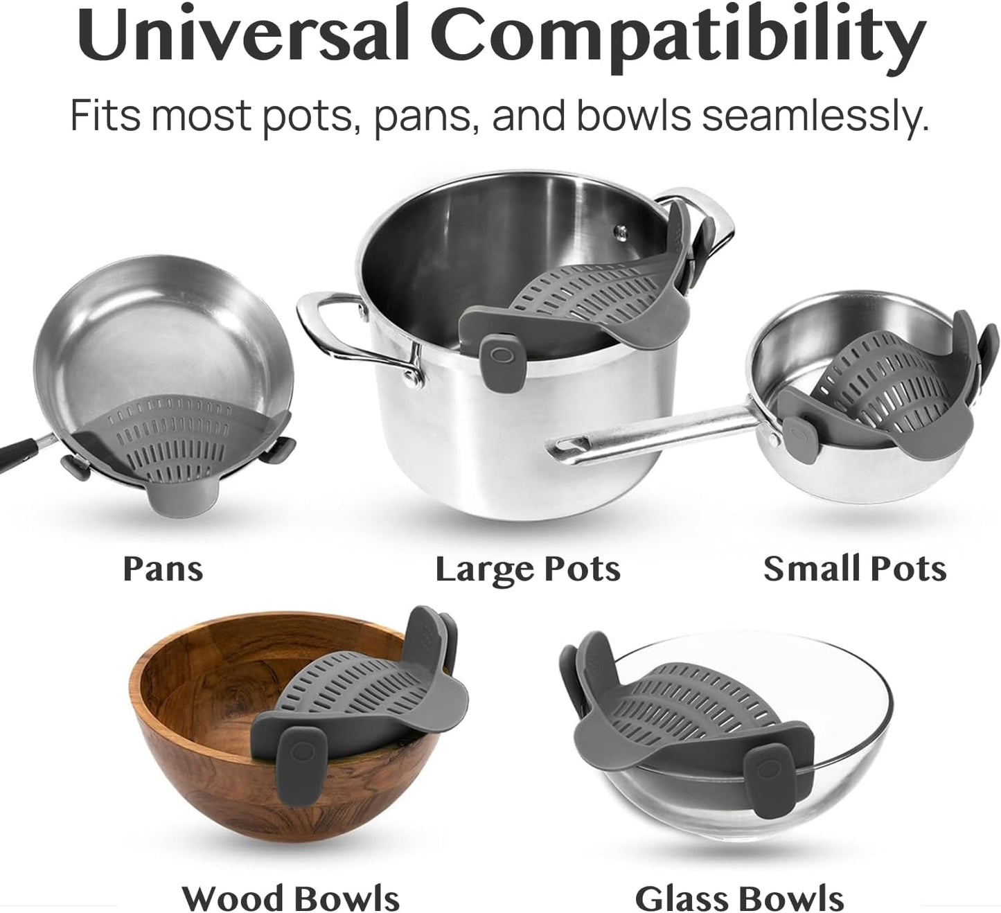 Snap N' Strain - Silicone Pasta Strainer Clip-On for Pots and Pans - Heat Resistant Colander for Vegetables and Noodles - Kitchen Gadgets for Cooking - Space-Saving Design - Gray