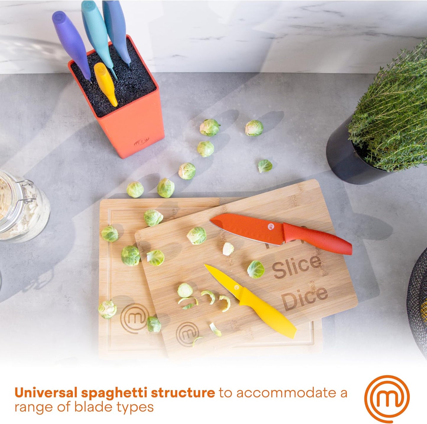 Knife Block Set of 6 Kitchen Knives, Extra Sharp Stainless Steel Blades for Professional Cutting with Non Stick Coating & Soft Touch Easy Grip Handles in a Red Universal Block, Vivid Color