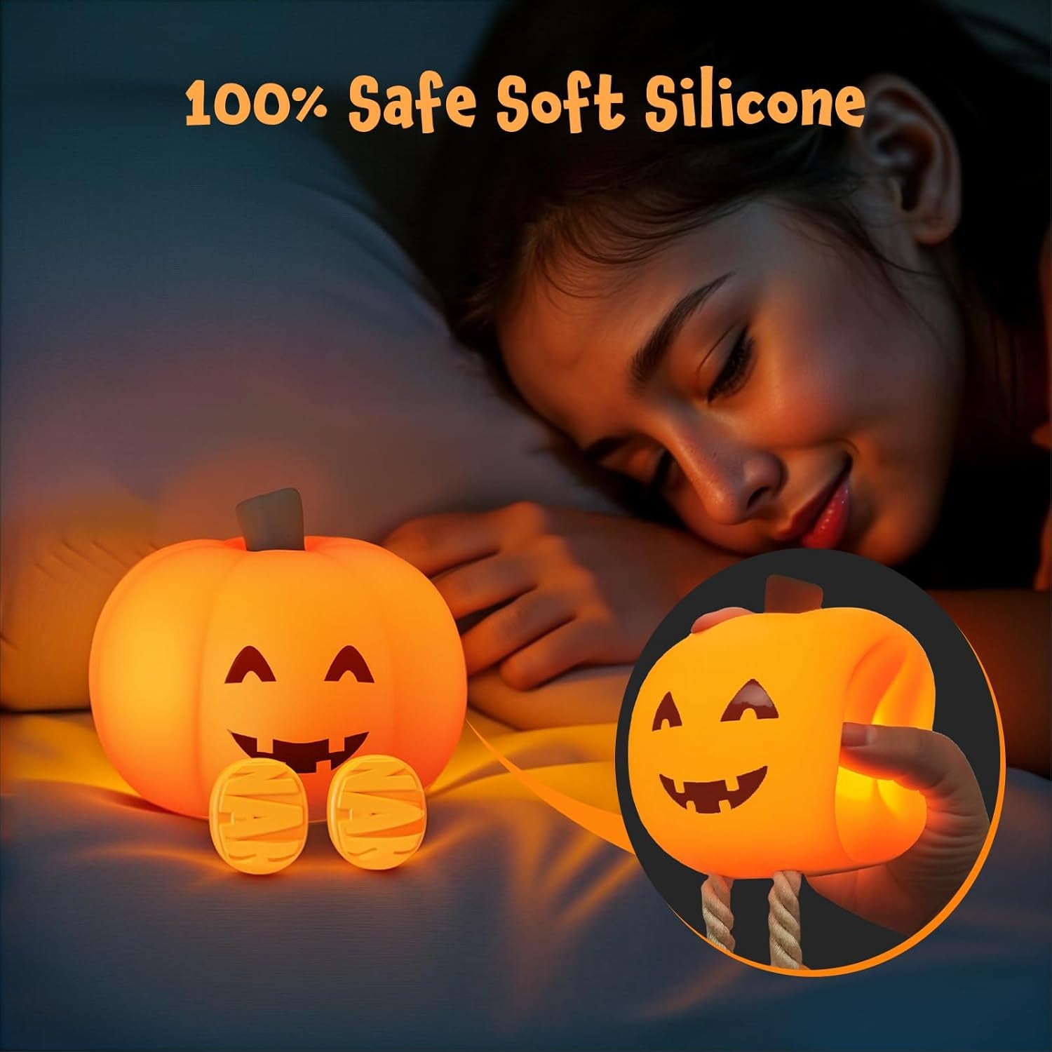 Cute Pumpkin Night Light Rechargeable Halloween Decor Pumpkin Lamp, Squishy Silicone 3-Level Dimmable Brightness Touch Control 30-Minute Timer, for Kids Family Bedroom Fall Decorations